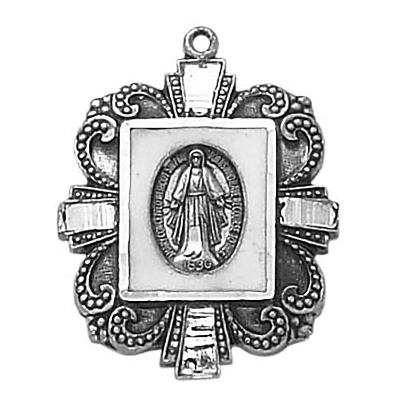 Mother Of Pearl Mary Miraculous Sterling Silver Medal- White Christian Pendant Mother Of Pearl Mary Miraculous Sterling Silver Medal- White Christian Pendant