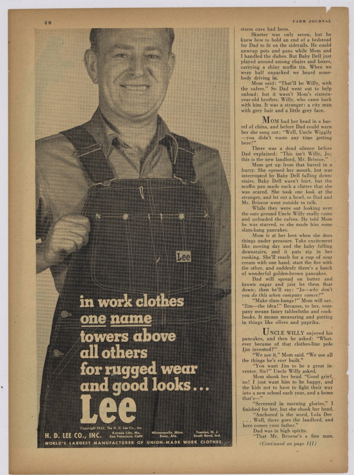 1952 H.D. Lee Co. Ad: Union Made Work Clothes, Blue Jeans, Over Alls - KC MO