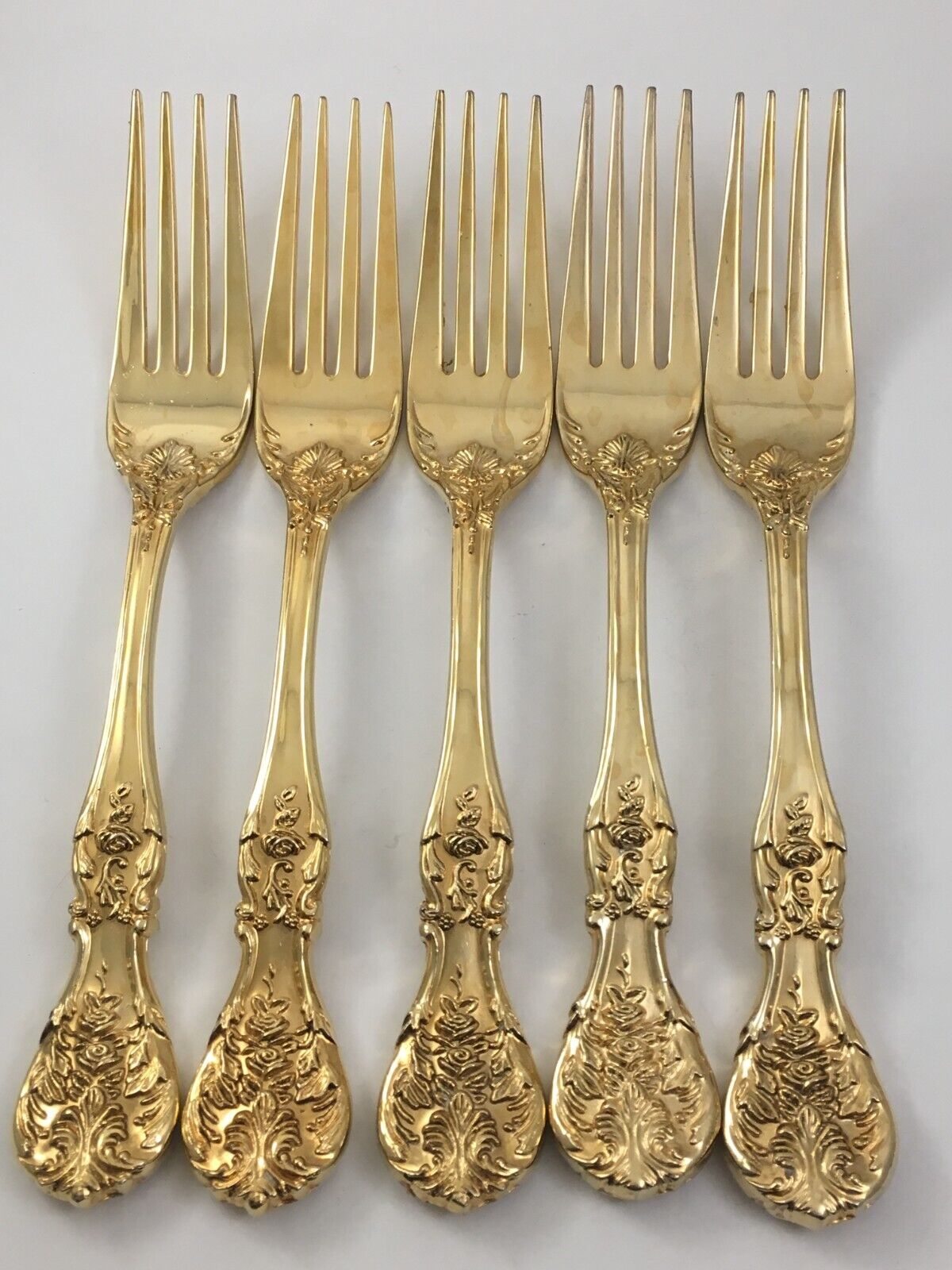 FB Rogers Golden French Rose Pattern 5 Dinner Forks Gold Electroplate Flatware