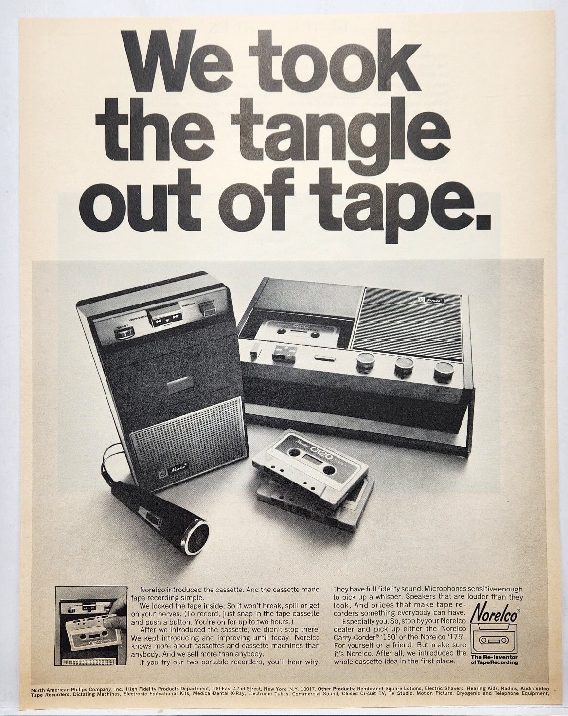 1968 Norelco Cassette Portable Players MCM Retro Original Print Ad Life Magazine