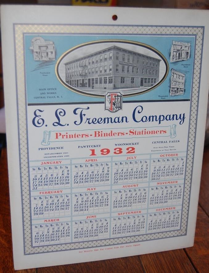 VINTAGE 1932 E.L. FREEMAN CO.  PRINTERS RI. CALENDAR FIRE ALARM SIGNALS SIGN