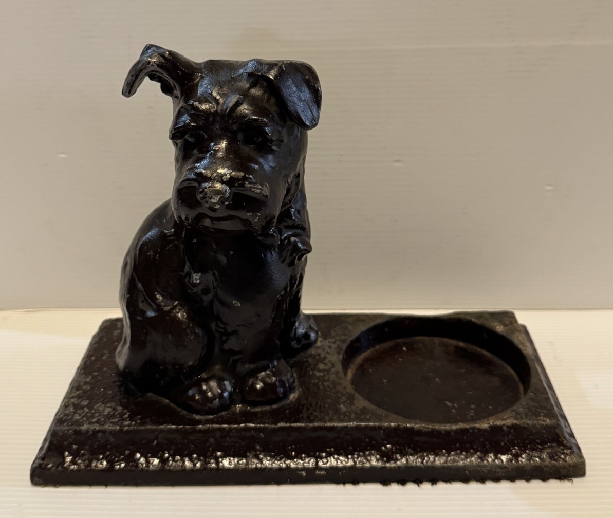 Antique Heavy Metal Scottie Dog Ashtray, Trinket Dish 1930s