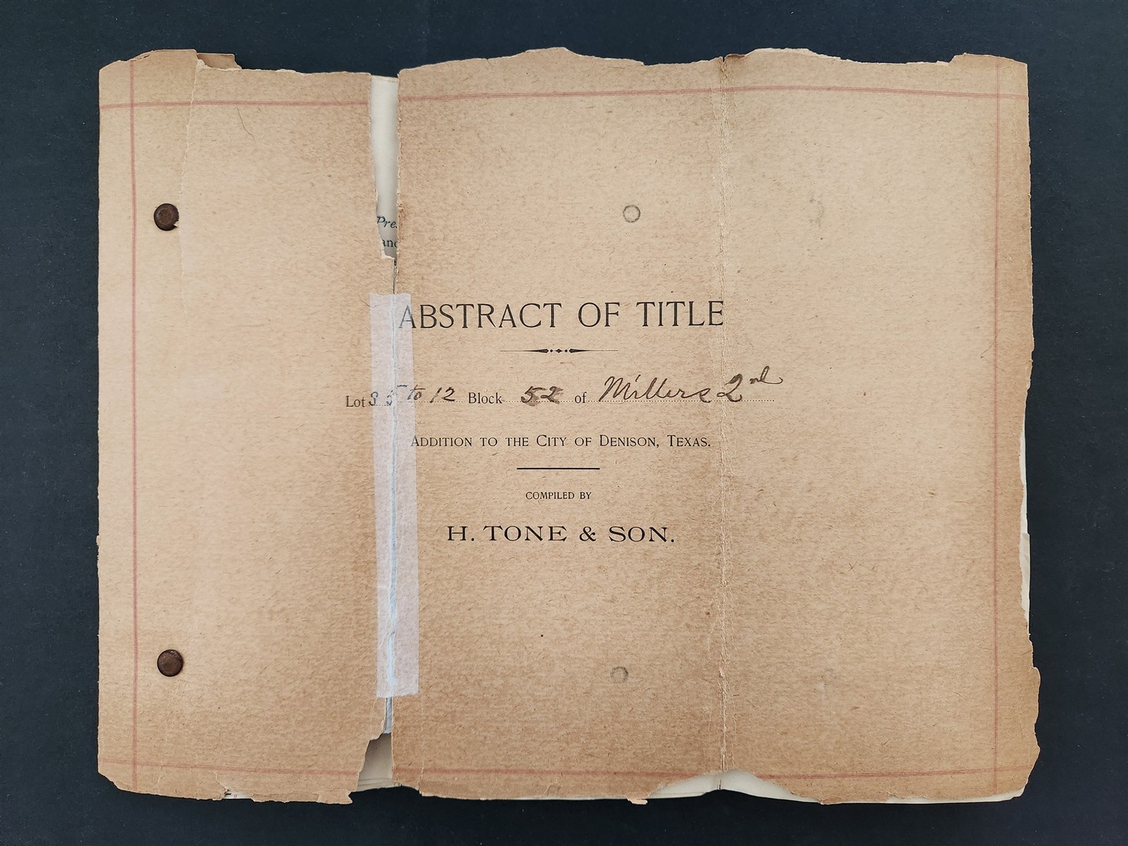 1900 antique ABSTRACT of TITLE addition DENISON tx MILLERS 2nd