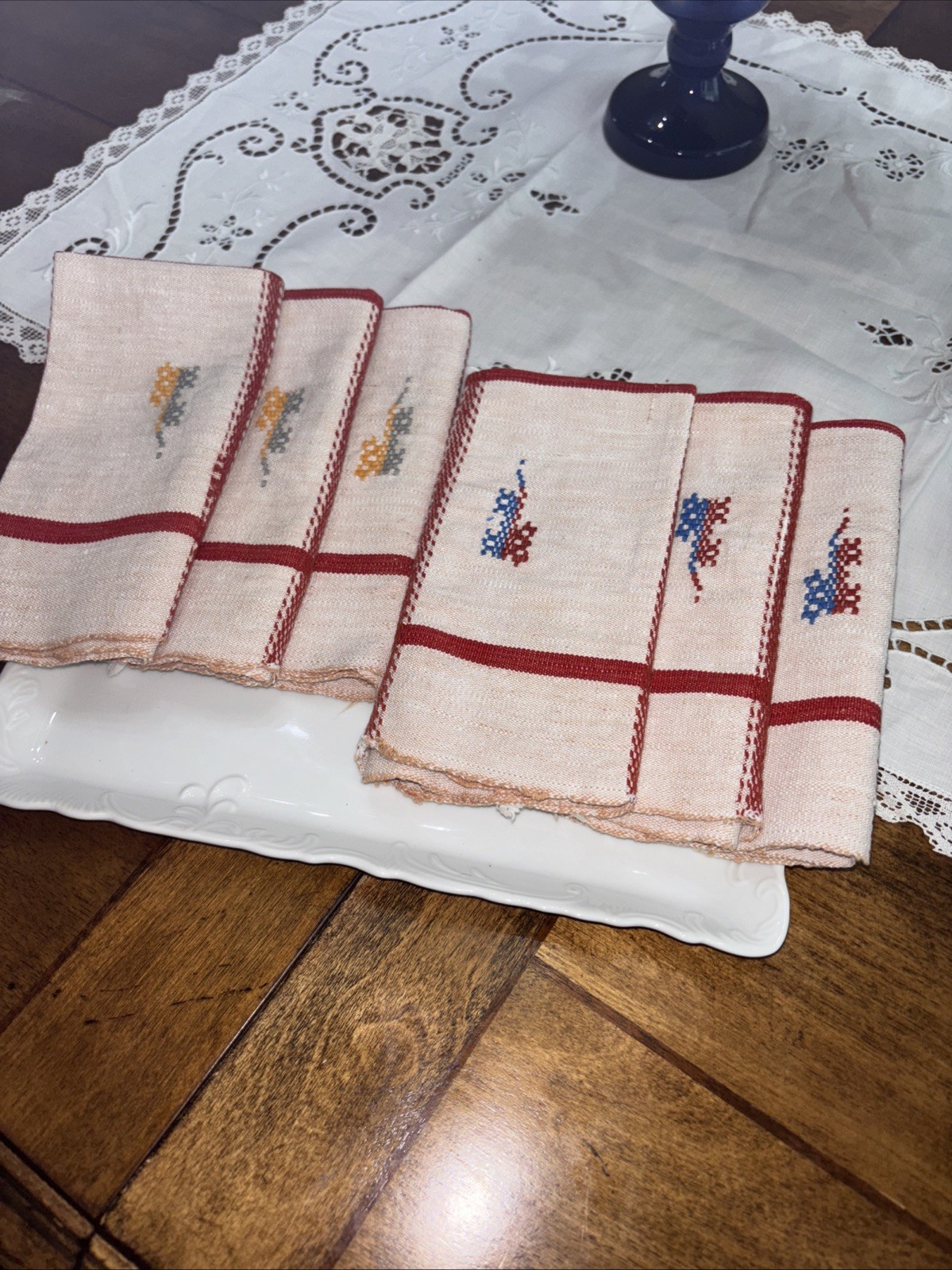 Antique Vintage French Métis Towel/napkins Torchon Red Stripe Patina Set Of 6