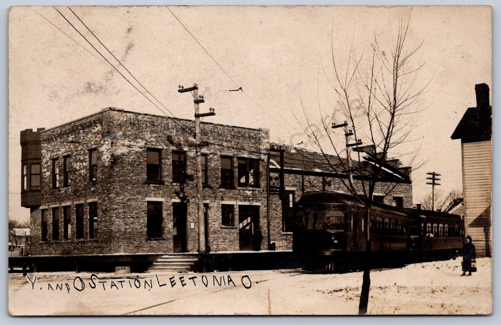 K11/ Leetonia Ohio RPPC Postcard c1910 Trolley Streetcar Y&O Railway Depot 16