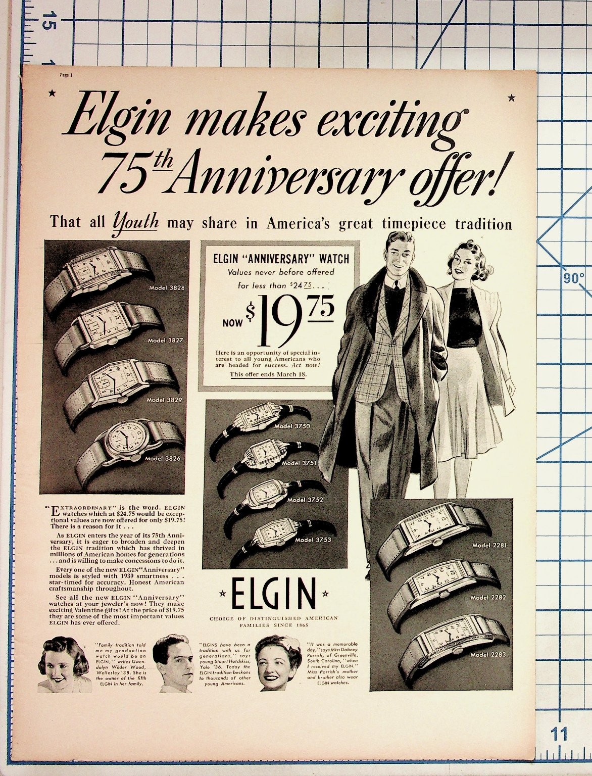 Vintage 1939 Elgin Watch 75th Anniversary Print Ad Art Deco Illustration