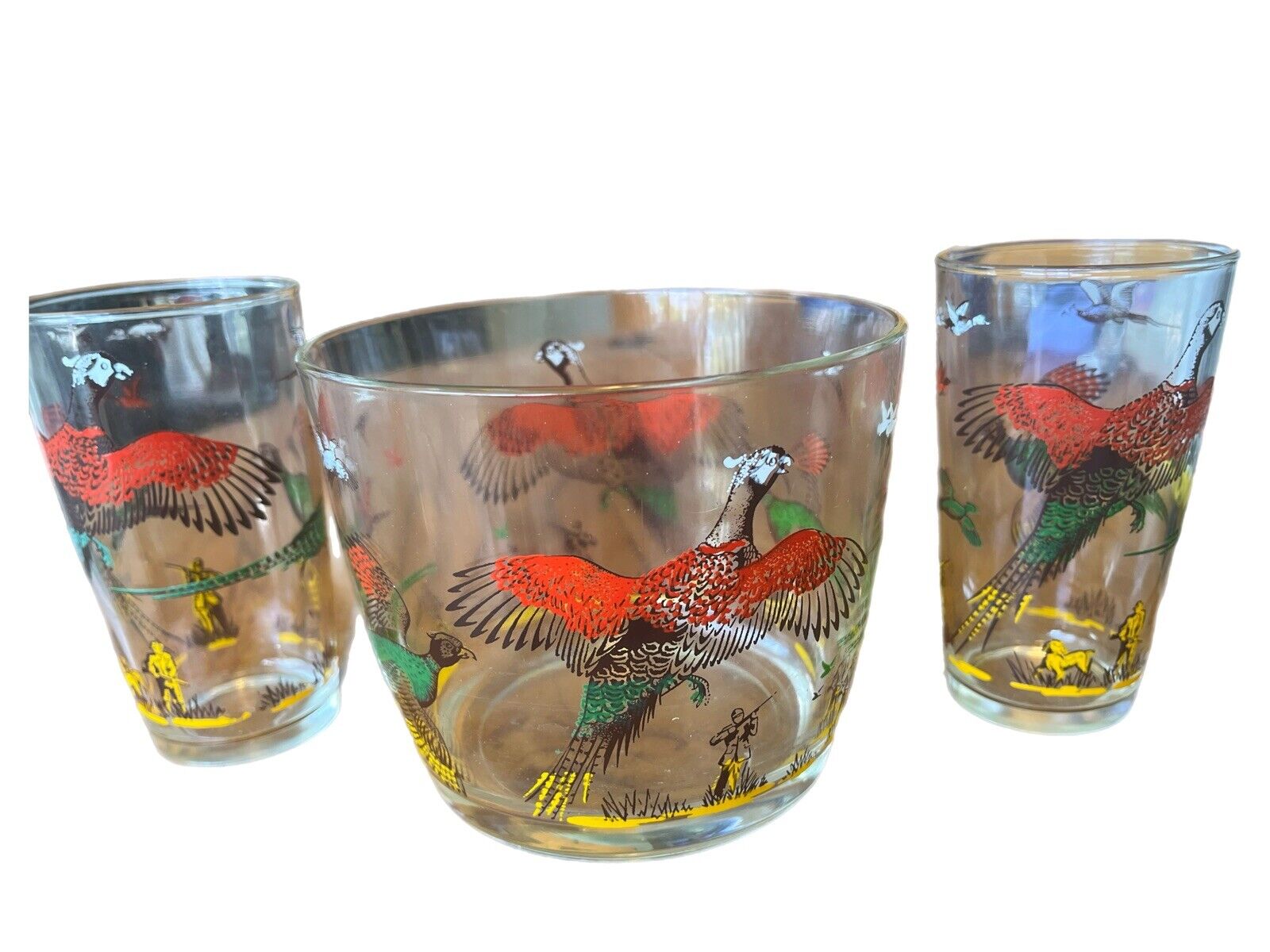 Vintage Hazel Atlas Flying Pheasant Ice Bucket Two 12 Ounce Glasses Hunter Dogs