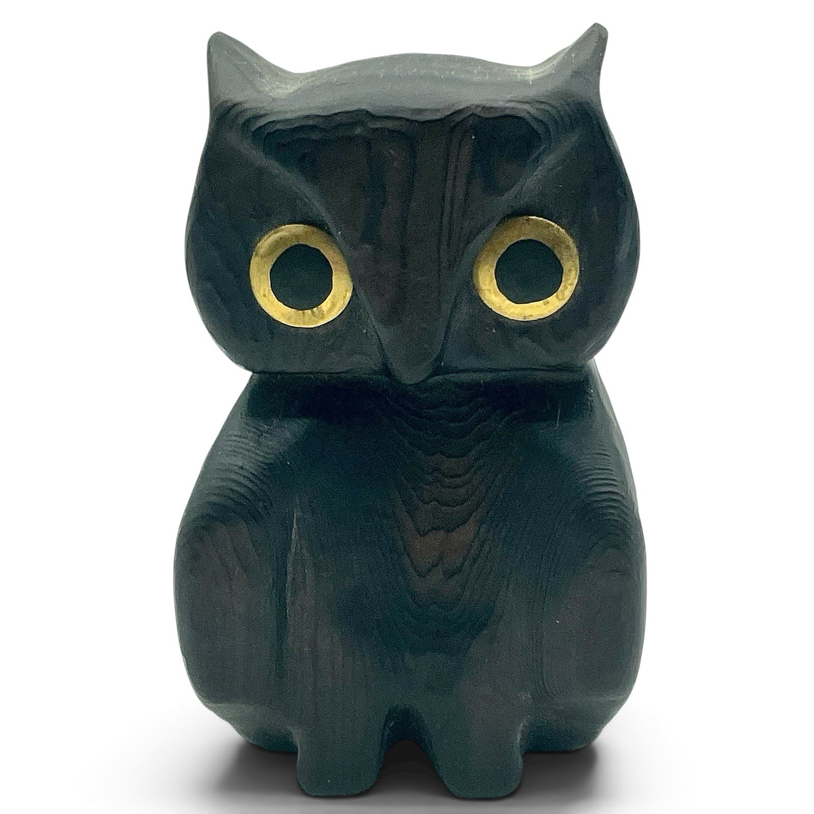 Vtg Hand Carved Wooden OWL Figurine Brass Eyes Mid Century Canadian Folk Art EUC