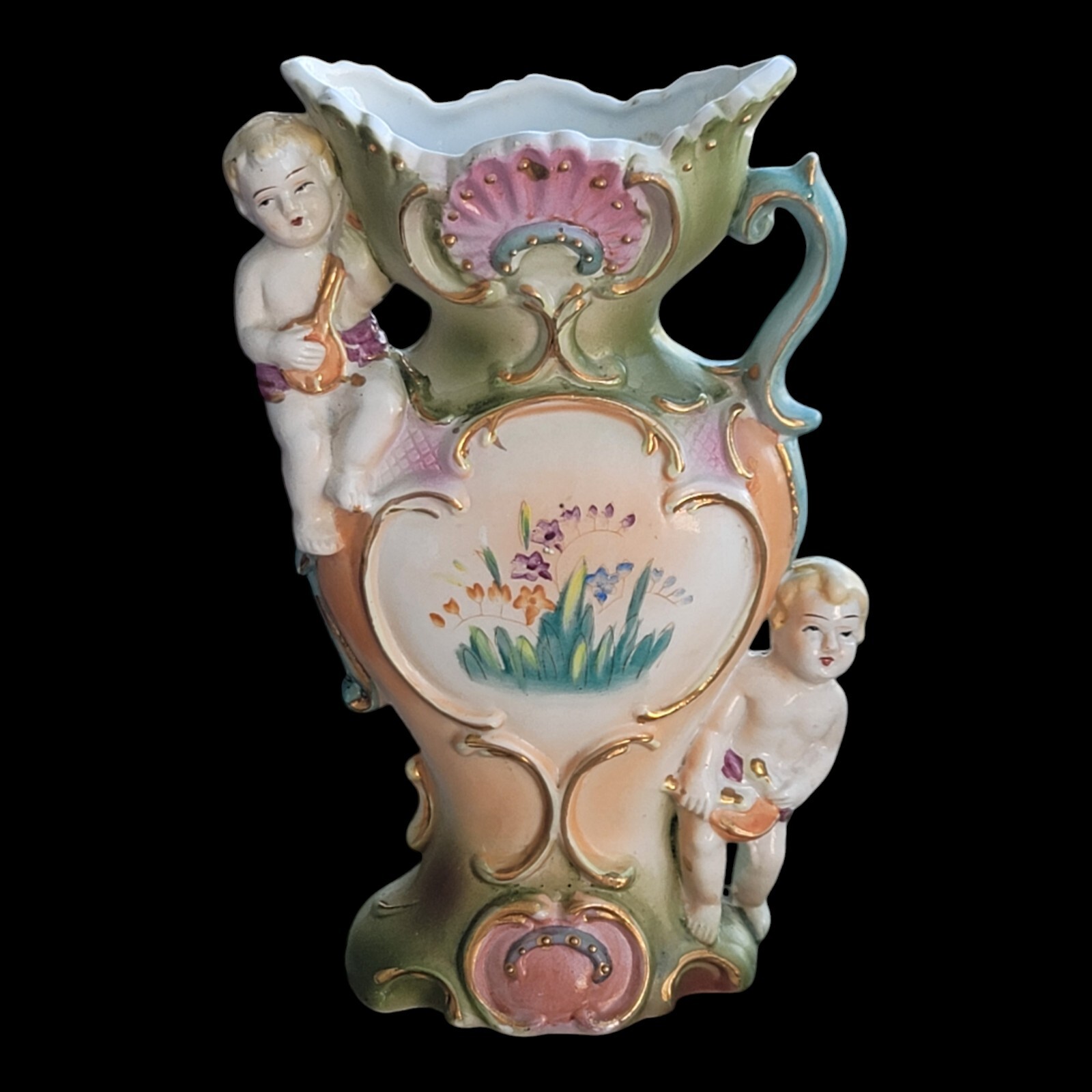 Antique Hand Painted Porcelain Cherub Angel Vase 8\