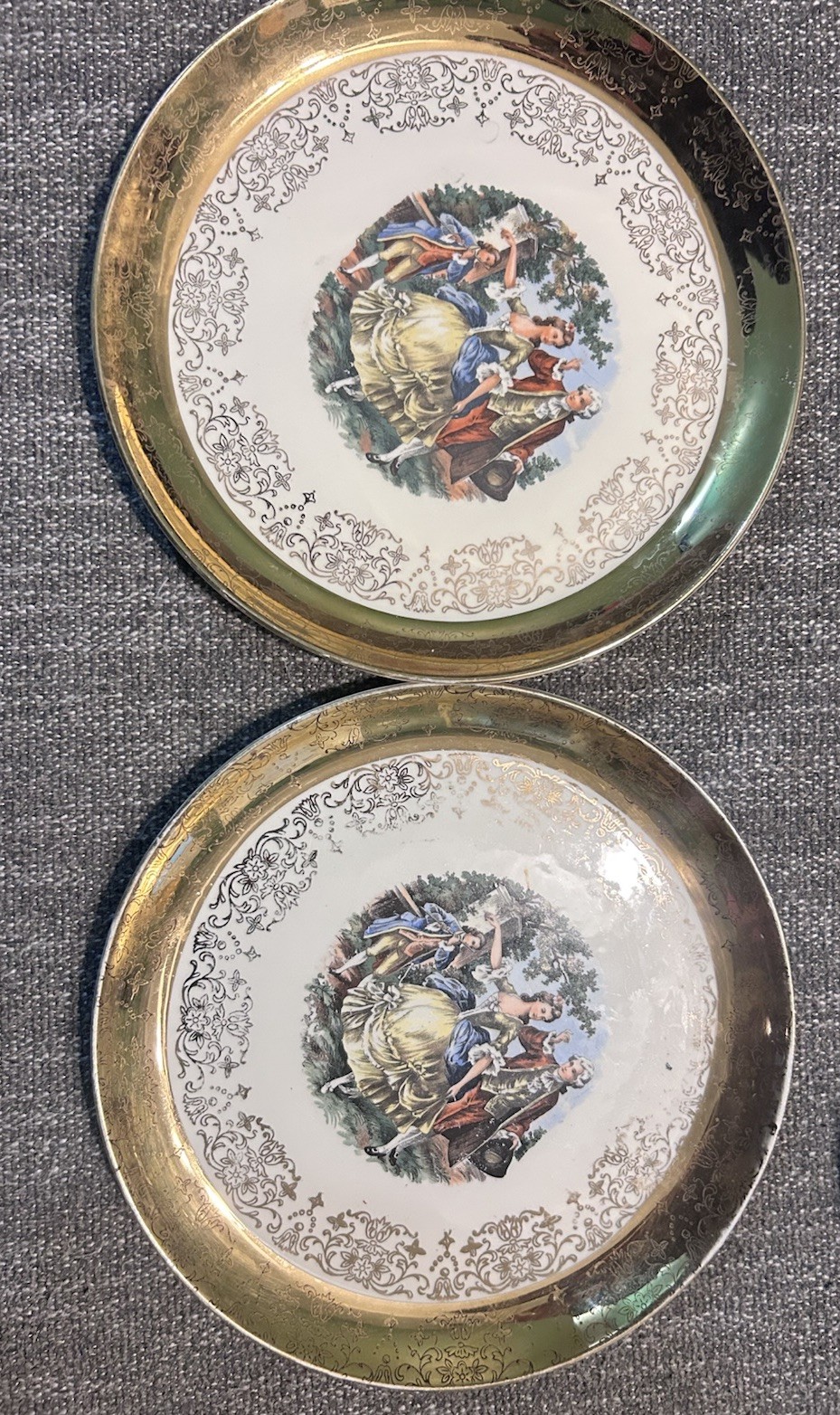 (2) Sabin Crest-O-Gold 22K Warranted Courting Couple 10.25” Plate VTG
