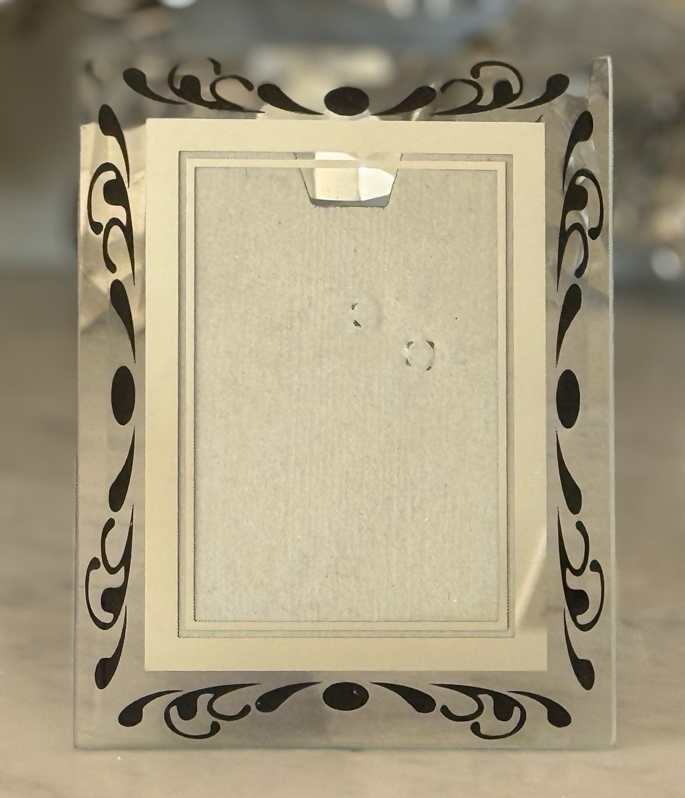 Vintage 1930s Art Deco Beveled Glass Reverse-Painted Silver & Black Photo Frame