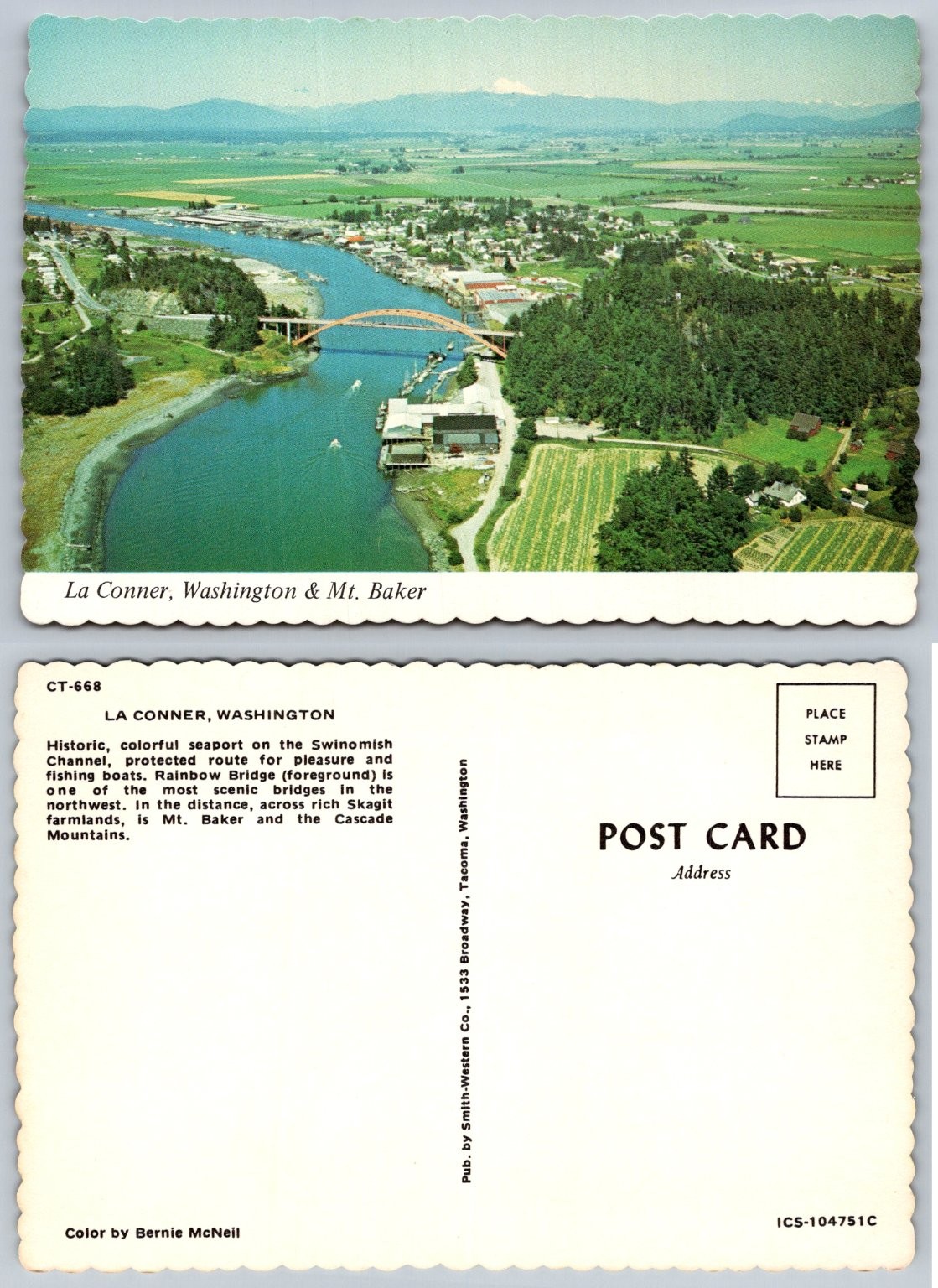 Vintage La Conner Washington Aerial View Mt. Baker Rainbow Bridge Postcard