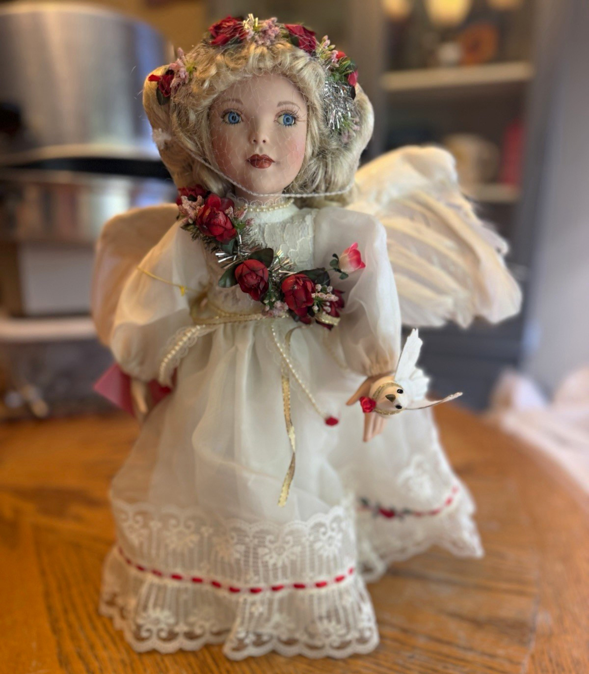 Christmas Angel Figurine White Porcelain Fabric Feather Wings Floral Crown 3D Christmas Angel Figurine White Porcelain Fabric Feather Wings Floral Crown 3D