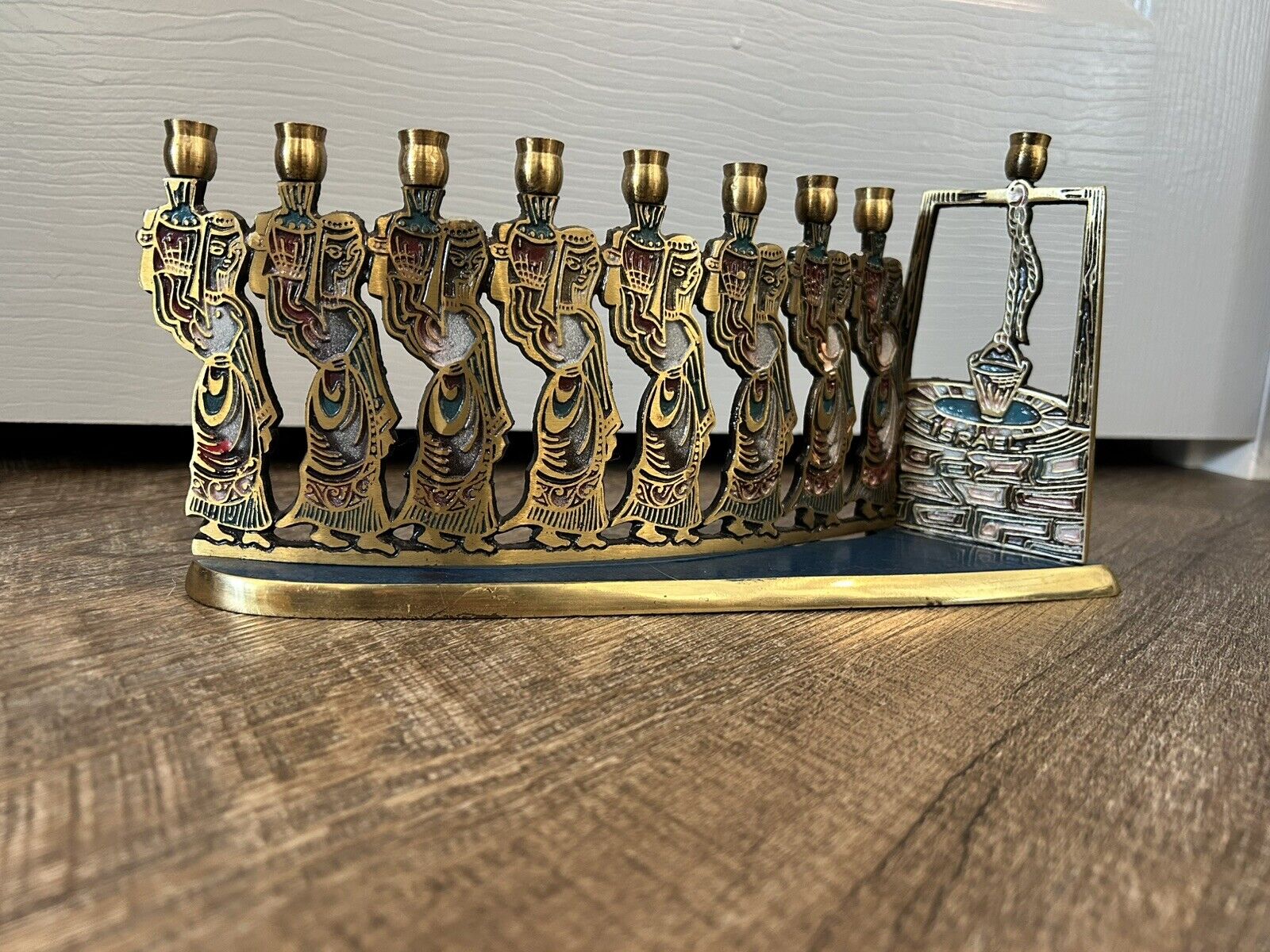 Vintage Brass Enameled Hanukkah Menorah Maccabees At Gates of Jerusalem Israel