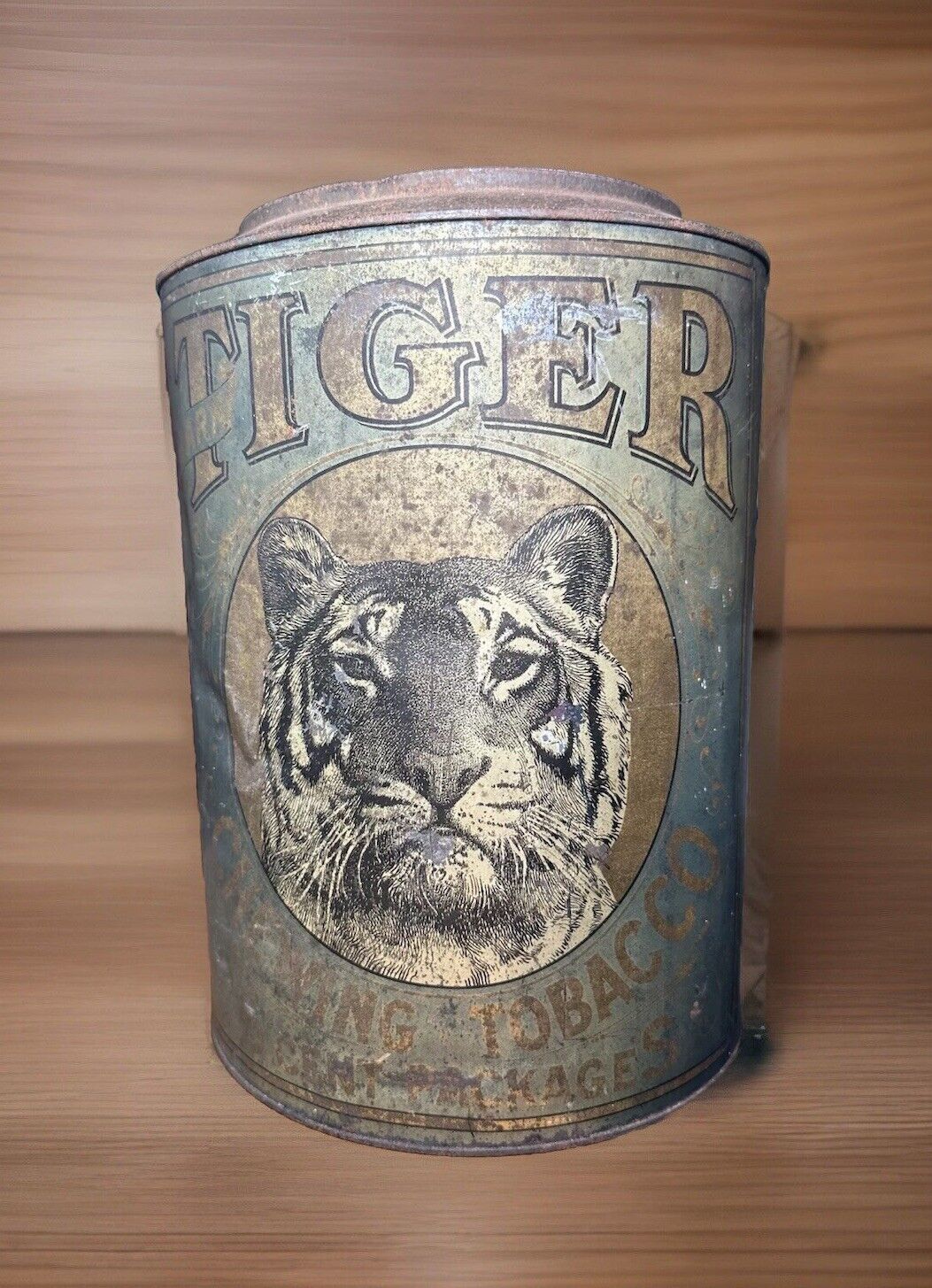 Antique 1800s Dark TIGER Chewing Tobacco Store Display Tin Blue Canister EMPTY