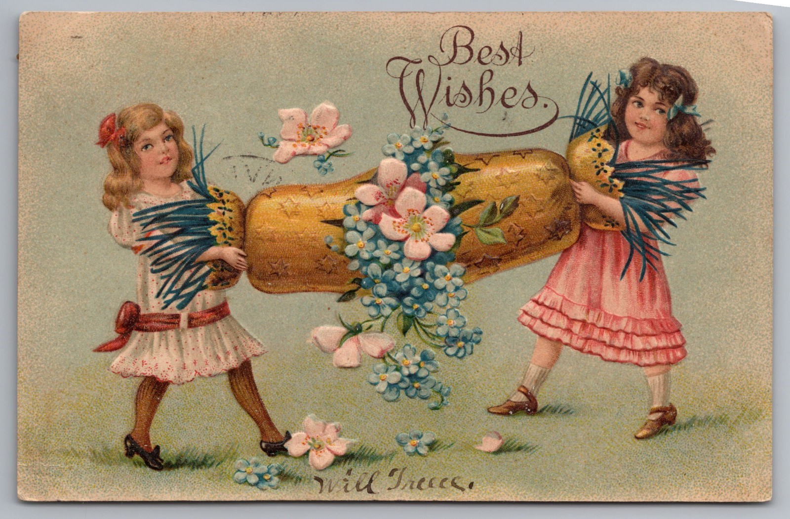 Best Wishes Lovely Girls Flowers 1909 Db Postcard