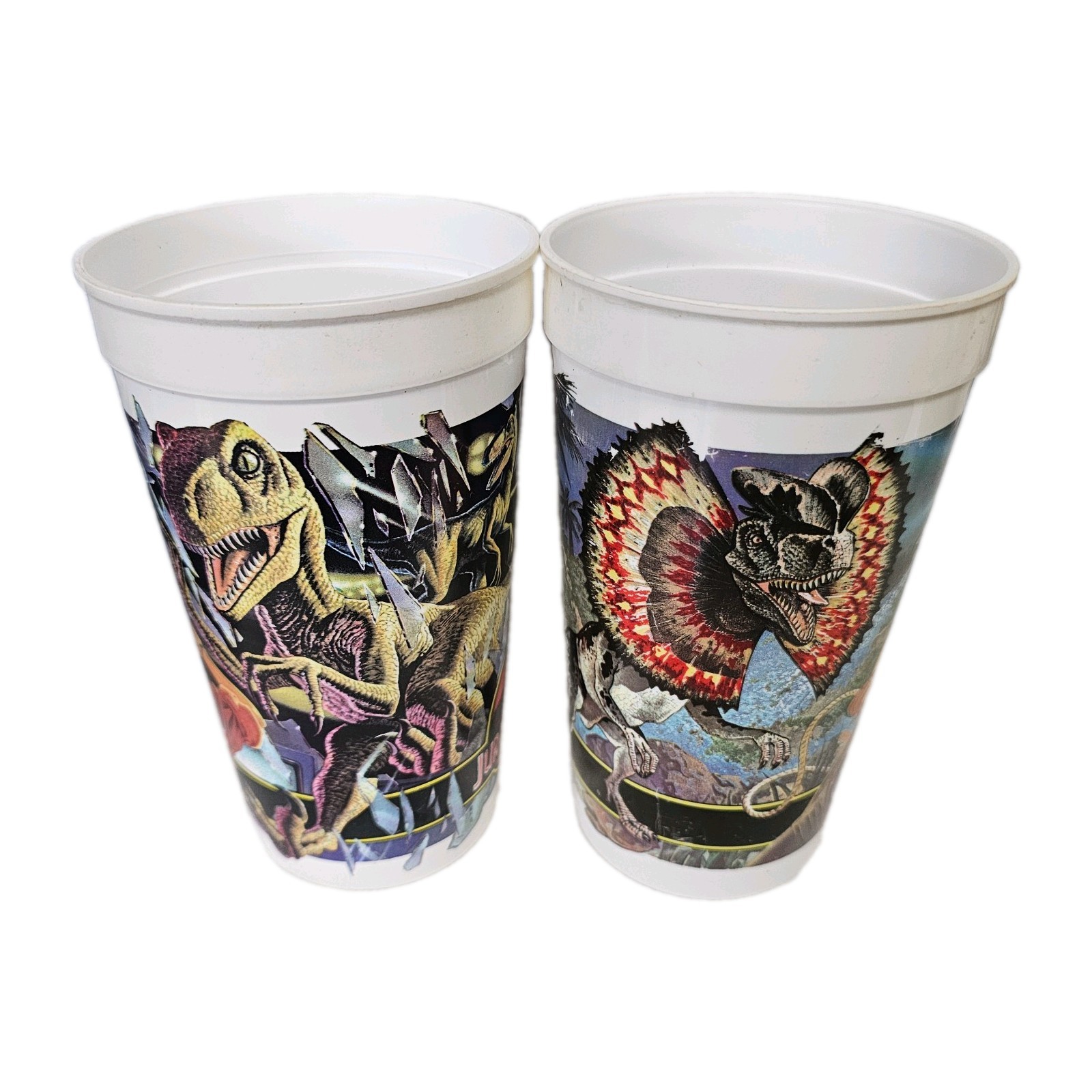 Vintage Jurassic Park Velociraptor & Dilophosaur McDonald\'s Large Cup 1992