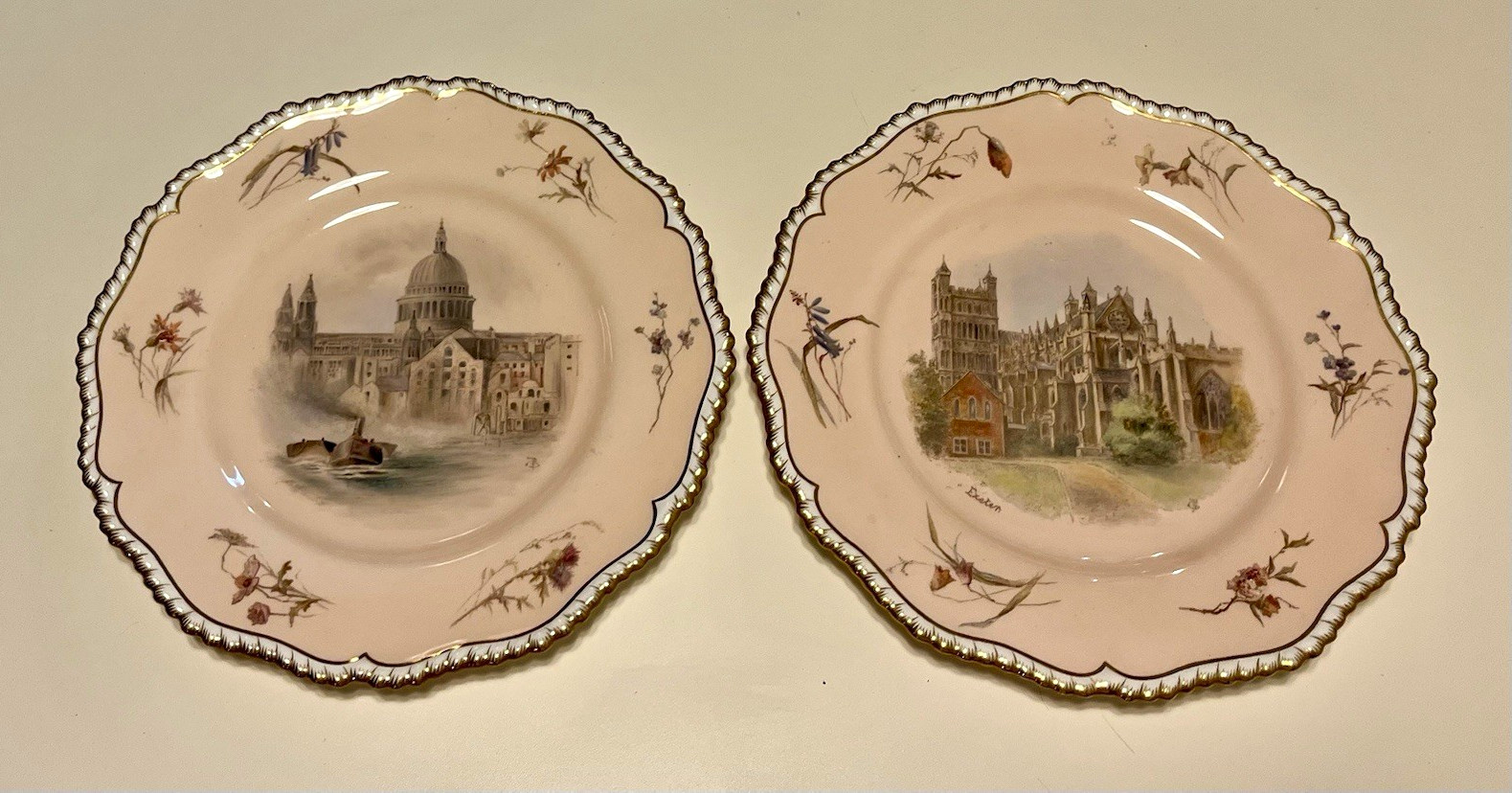 Pair Antique 1890 Royal Worcester Plates Hand Painted Cathedrals Exeter St Pauls