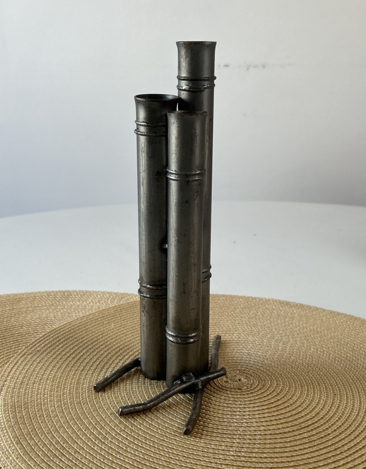 VTG Handcrafted Metal Bamboo-Form Bud Vase or Candleholder Made In Mexico MCM