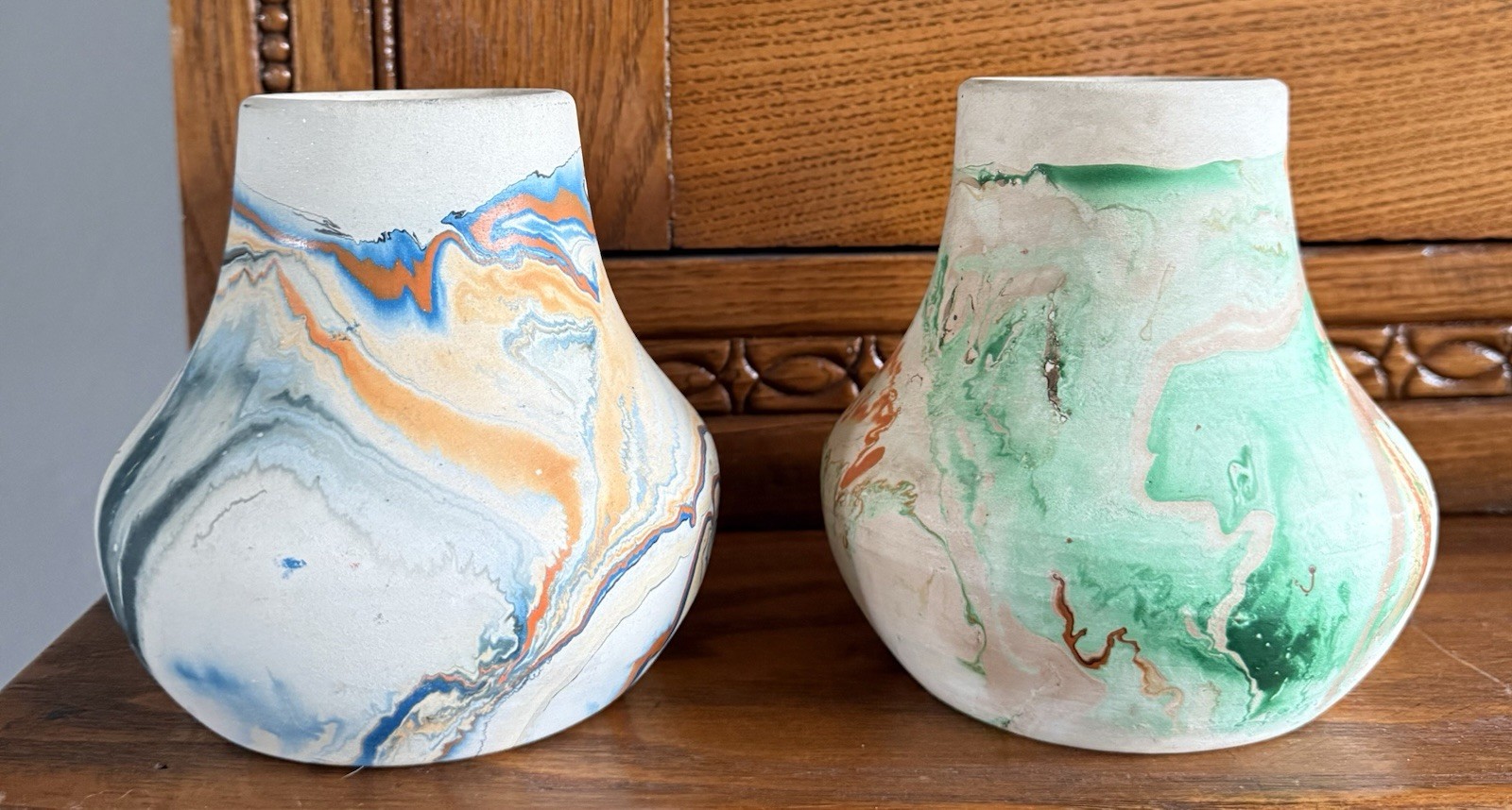 Vintage Nemadji Swirled Pottery Pots Short Vases x 2 Blues and Greens 4.75”