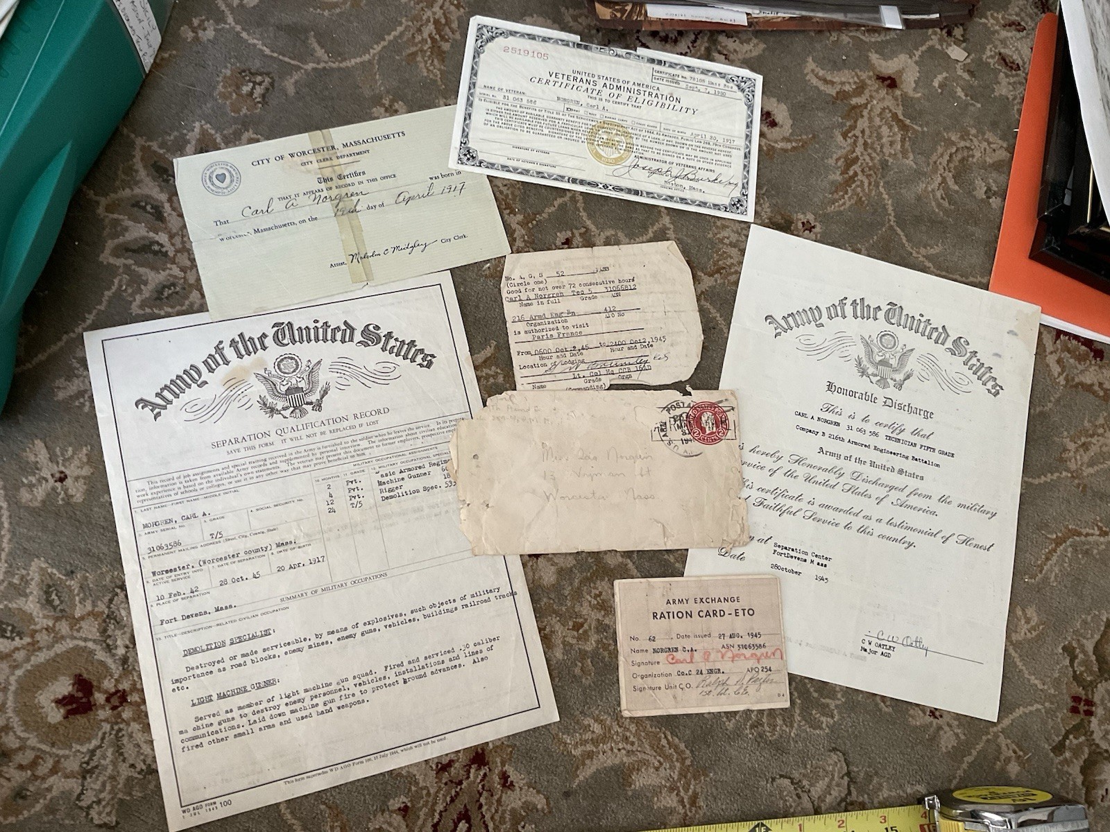 WWII DISCHARGE PAPERS ETC 24th & 216TH ARMORED ENG BATTALION DEMO SPEC 4TH AD