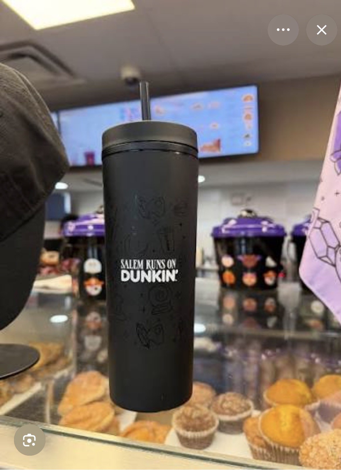 New Salem Runs On Dunkin' Donuts Black Tumbler Cup 18oz Halloween MA
