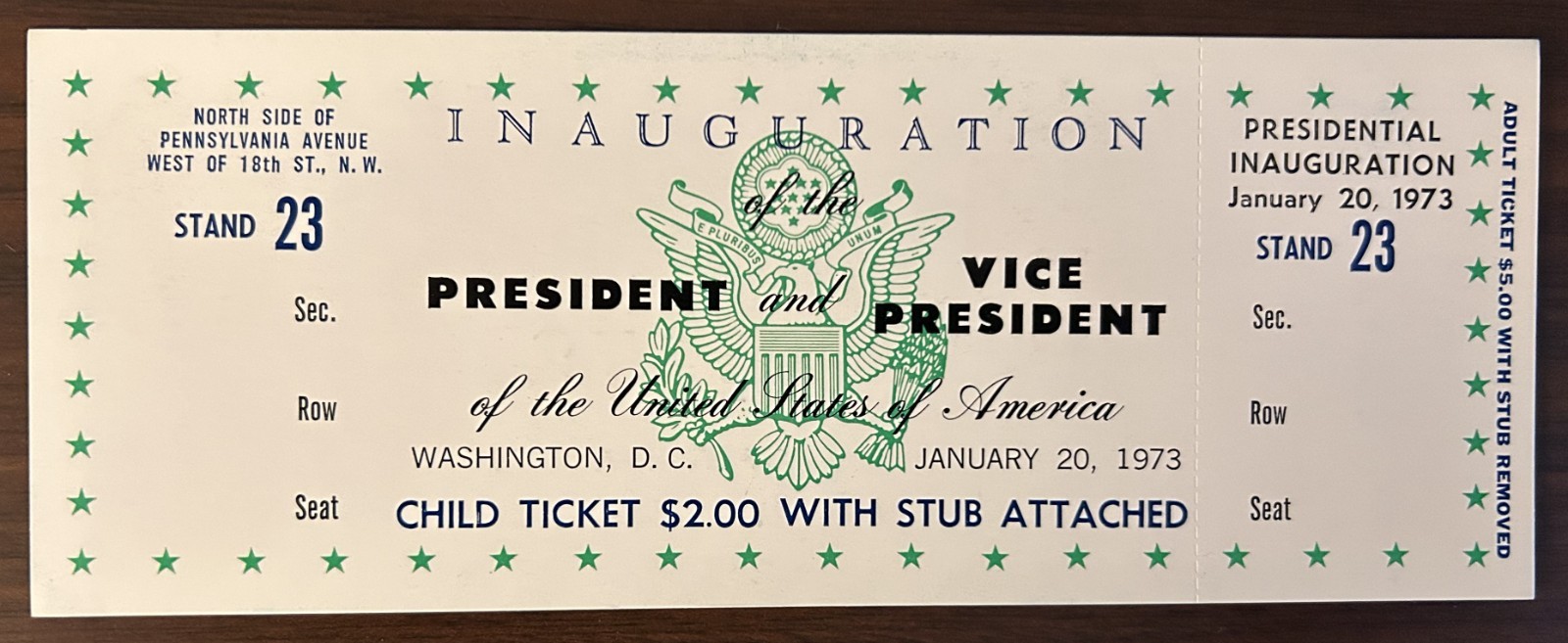 1973 Richard Nixon President & Vice-President Inauguration Unused Child Ticket