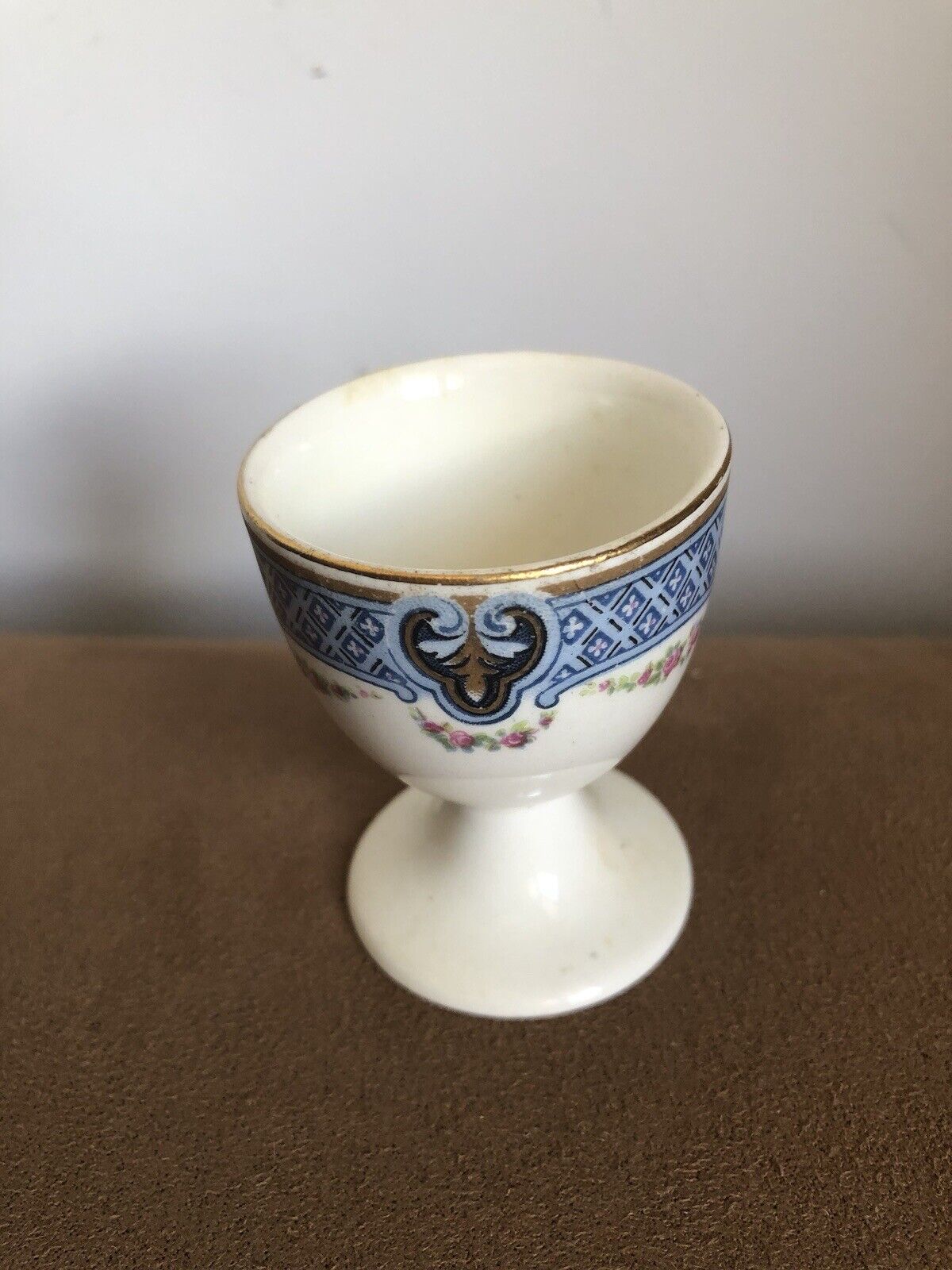 Antique/Vintage Egg Cup From England Bone China Gold Trim Pink Floral With Blue