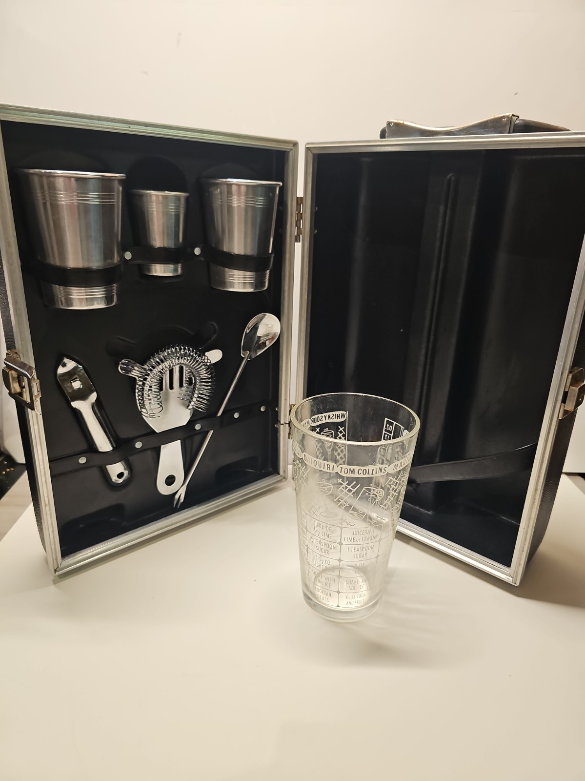 Vintage MCM Travel Bar Case Complete Cocktail Set & Federal Glass Recipe Mixer