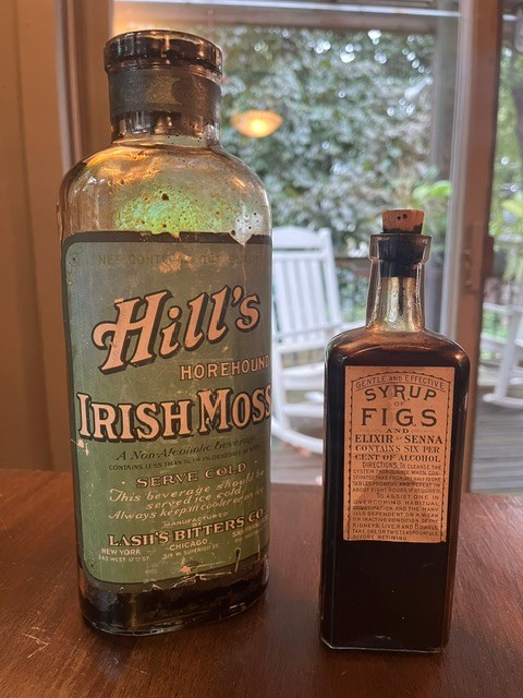 2 Antique Labeled Medicine bottles-Lash's Bitters Co.+Syrup of Figs (lot of 2)