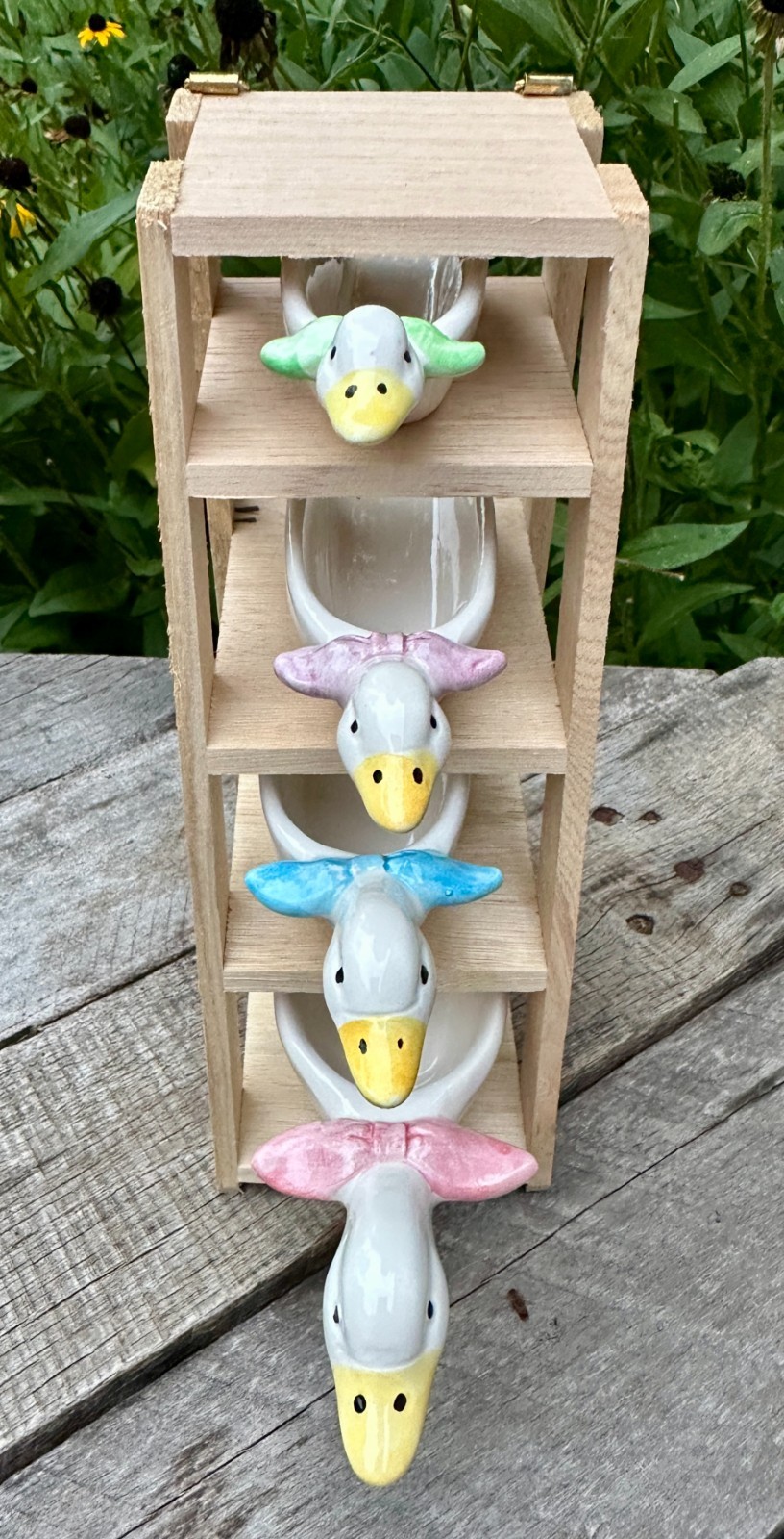 Vintage 1980s JSNY Ceramic Country Goose Measuring Scoop Set Wooden Stand Boxed