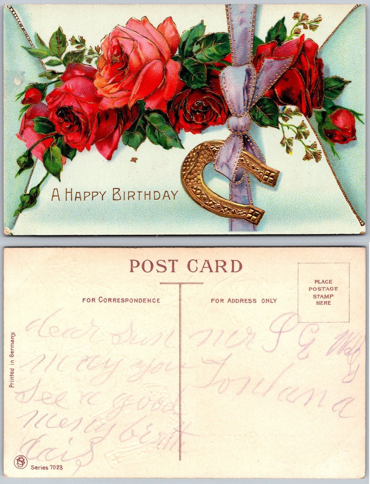 Red Roses Horseshoe Birthday Postcard