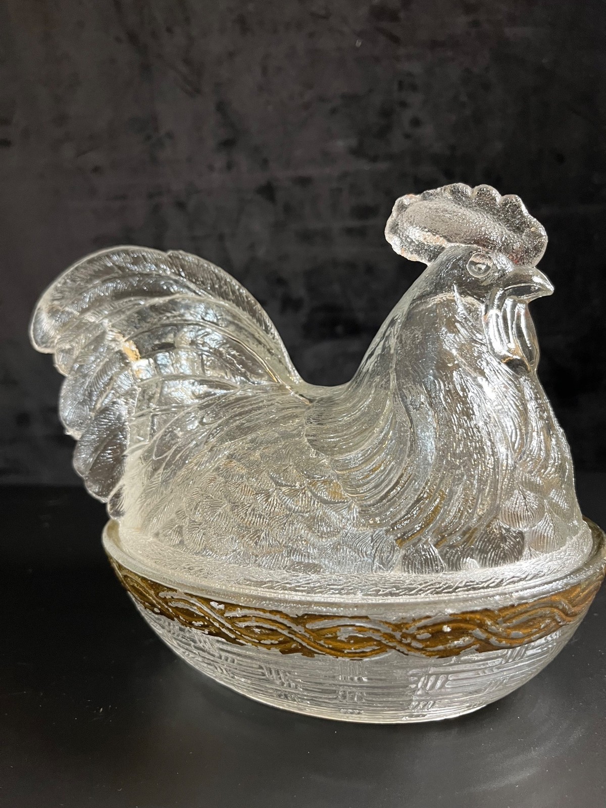 Challinor, Taylor Rooster on Nest Clear Gold Gilt EAPG Basketweave 1888 Antique Challinor, Taylor Rooster on Nest Clear Gold Gilt EAPG Basketweave 1888 Antique