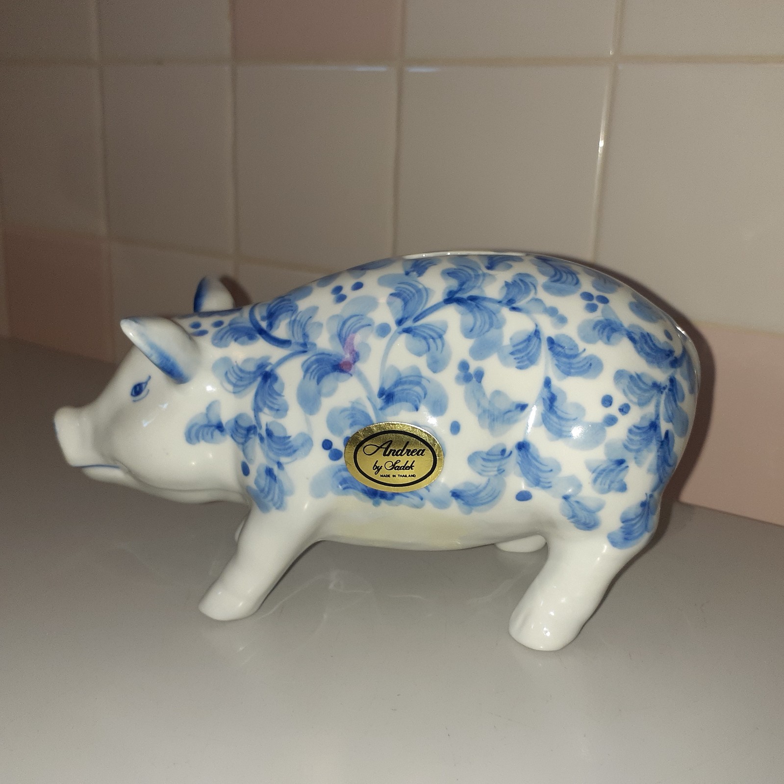 Andrea by Sadek Vintage White/Blue Porcelain Pig Piggy Bank 6.8