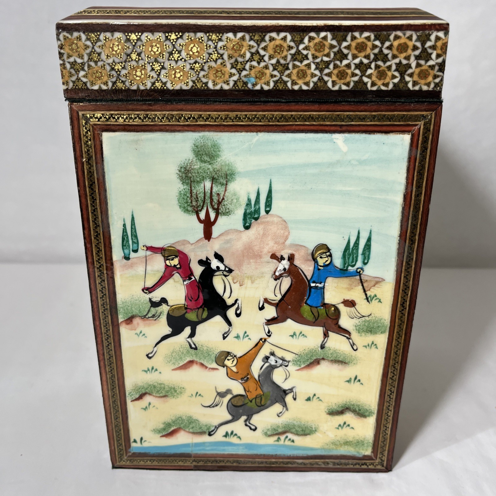 Tall Persian Khatam Jewelry Box Marquetry Inlaid Wood Handmade Polo Scene Vtg Tall Persian Khatam Jewelry Box Marquetry Inlaid Wood Handmade Polo Scene Vtg