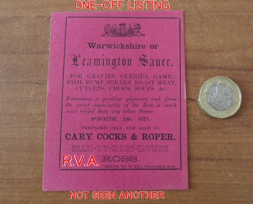 EX RARE ANTIQUE  EARLY WARWICKSHIRE SAUCE LABEL-CARY COCKS & ROPER-ROSS-ON-WYE