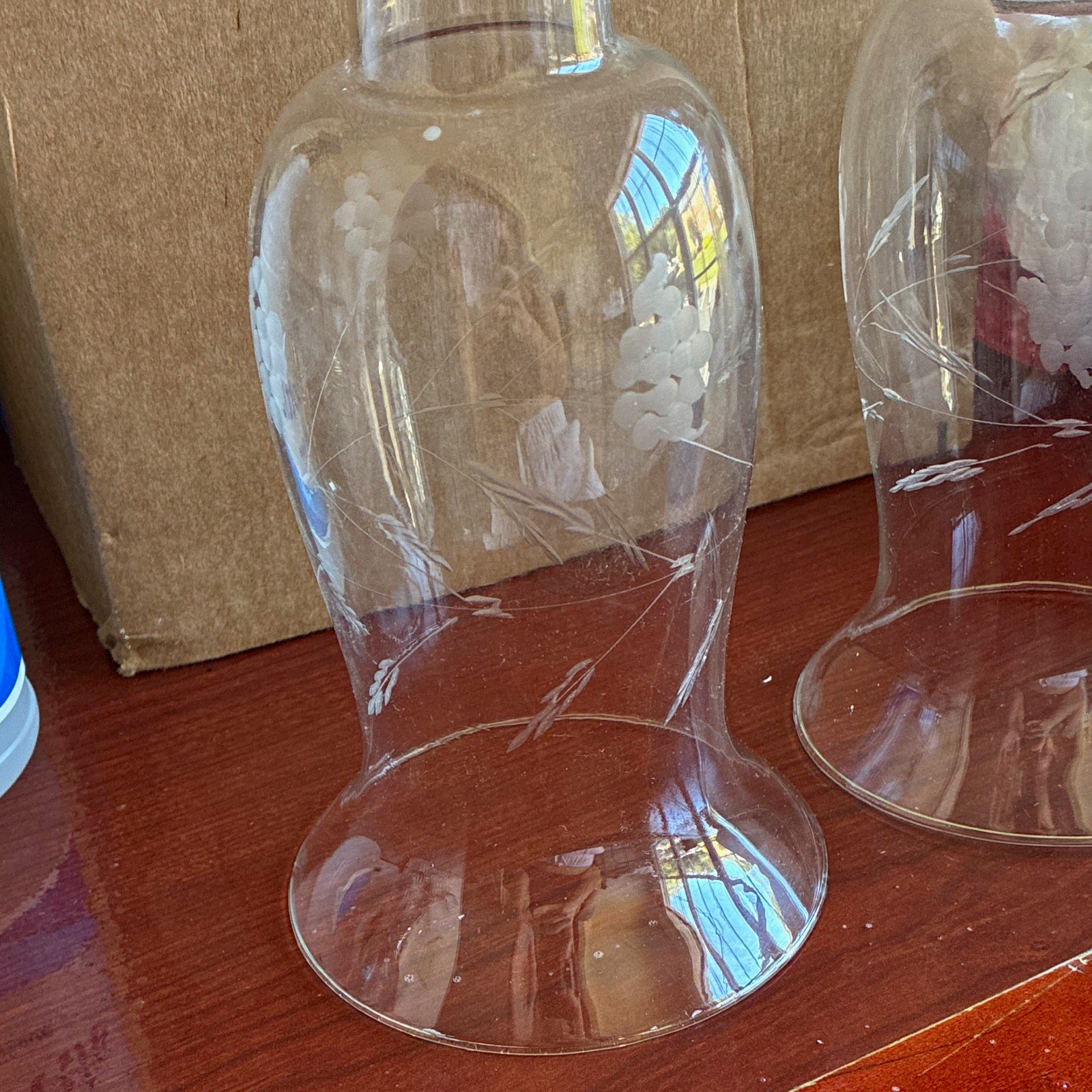 2 Clear Etched Glass Floral grapes wheat Lamp Shade Hurricane Chimney Flared Top