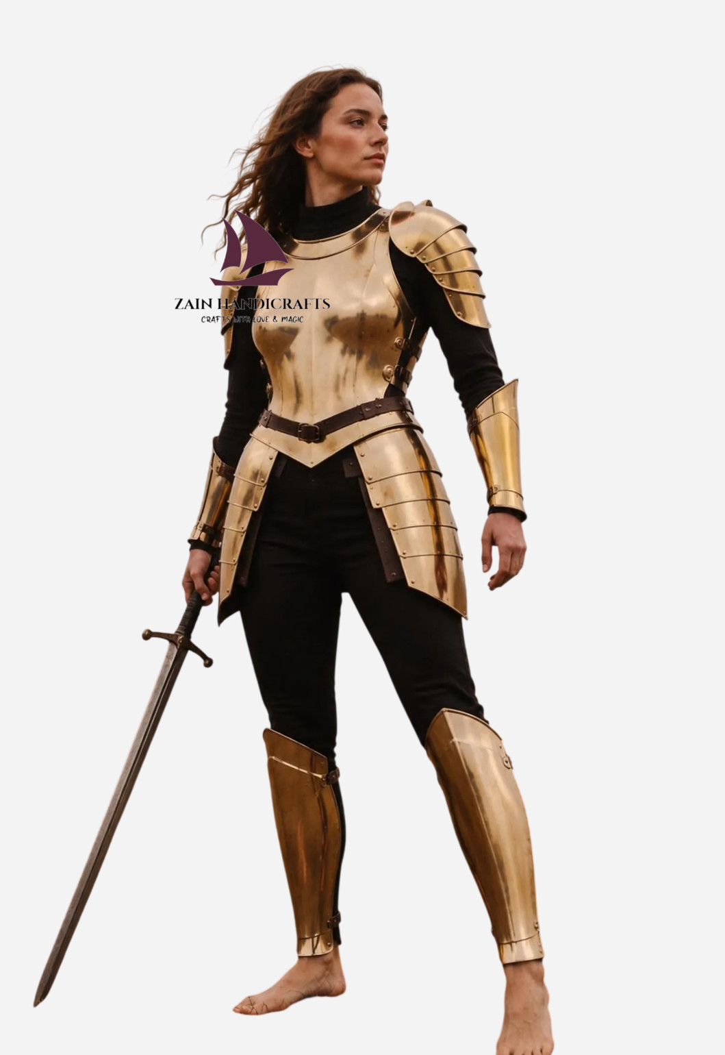 ZAIN Medieval Women's Golden Armor Costume Handmade Female Knight Breastplate