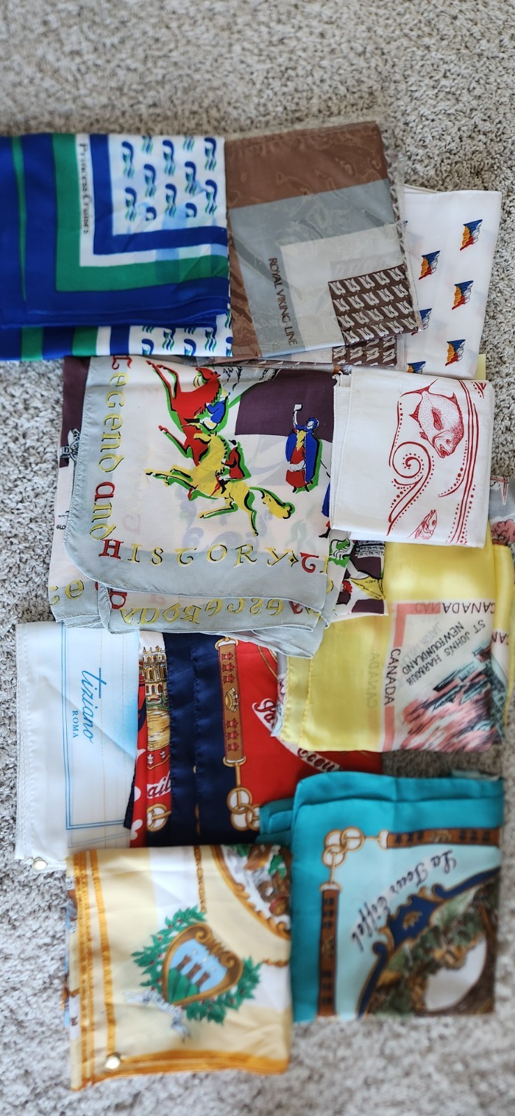 Scarfs, 11 Vintage Souvenir, Collectors, & Cruise Ship scarfs