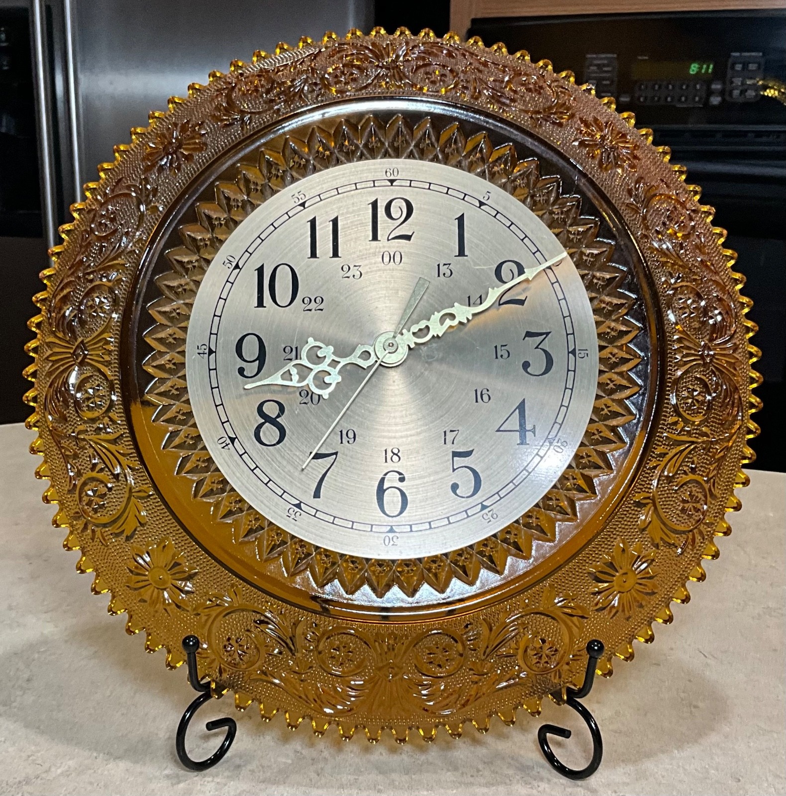 Vintage Tiara Indiana Amber Glass 12” Circa Era Clock-BEAUTIFUL & WORKS-READ