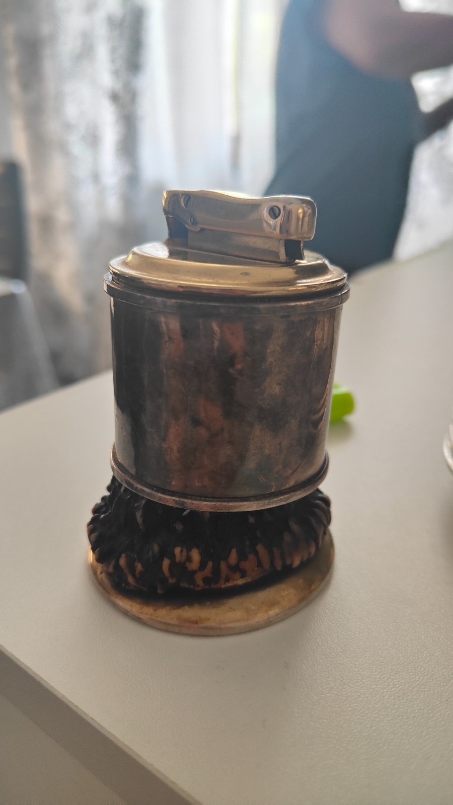 RARE Vintage Table Lighter Sterling Silver 925 115g + Antler Horn Hunting