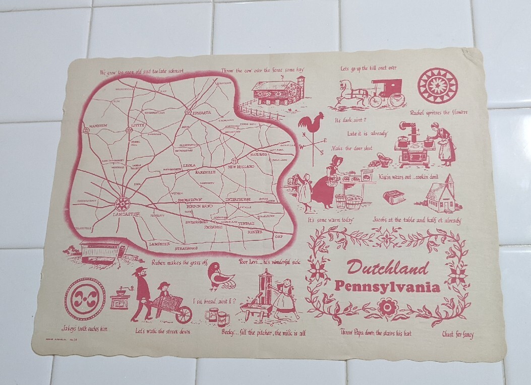 Vintage Paper Mat Map Pennsylvania Dutch Dutchland PA Amish Lancaster 1950s