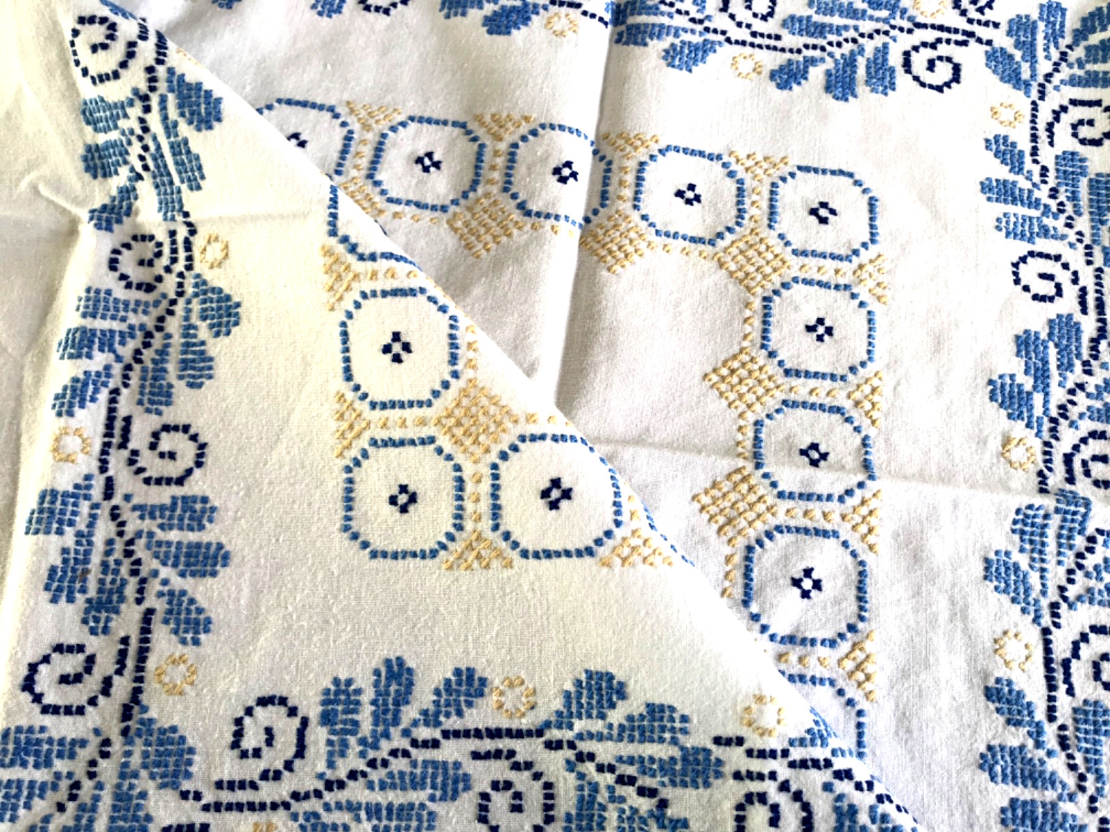 Vintage Hand Embroidered Tablecloth Cross Stitch 34x31 Inches