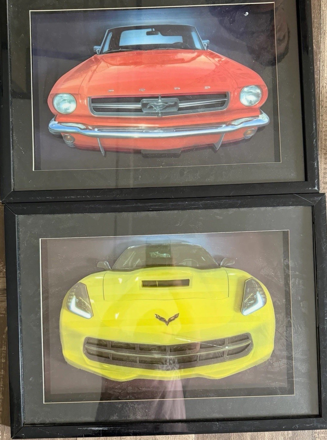 Set of 2 Framed Car shadowbox Red Classic mustang &Yellow Corvette Front View