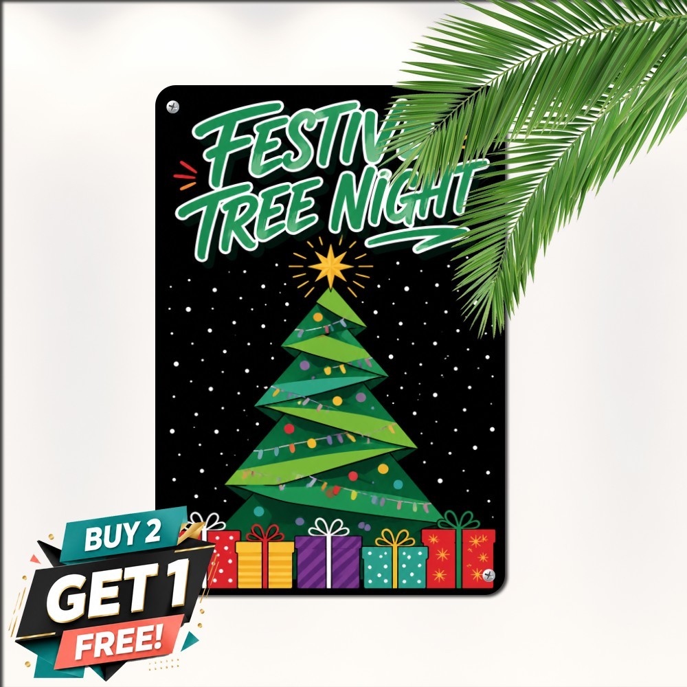 Minimalist Christmas Tree Sign Holiday Evergreen Black Metal Tin Wall Poster