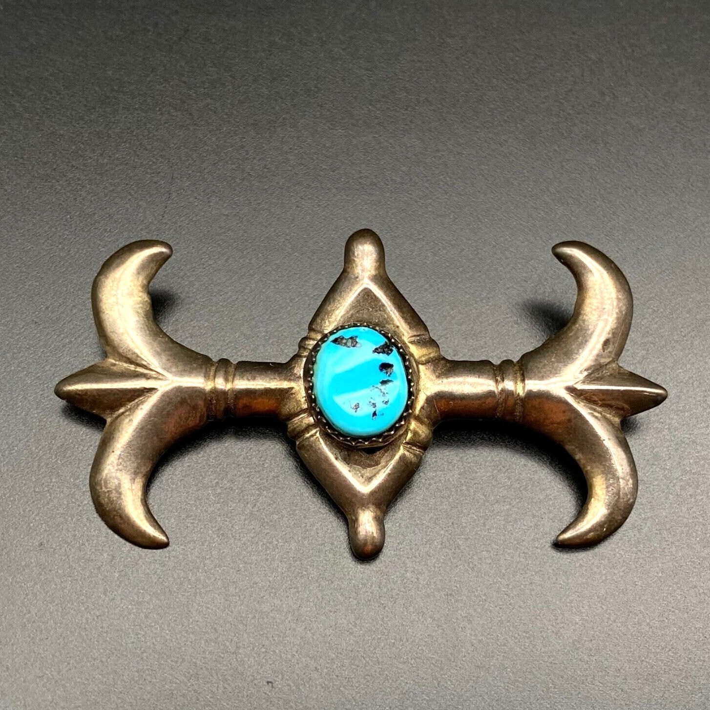 Vintage Navajo Native Turquoise Sterling Silver Sand Cast Brooch Pin