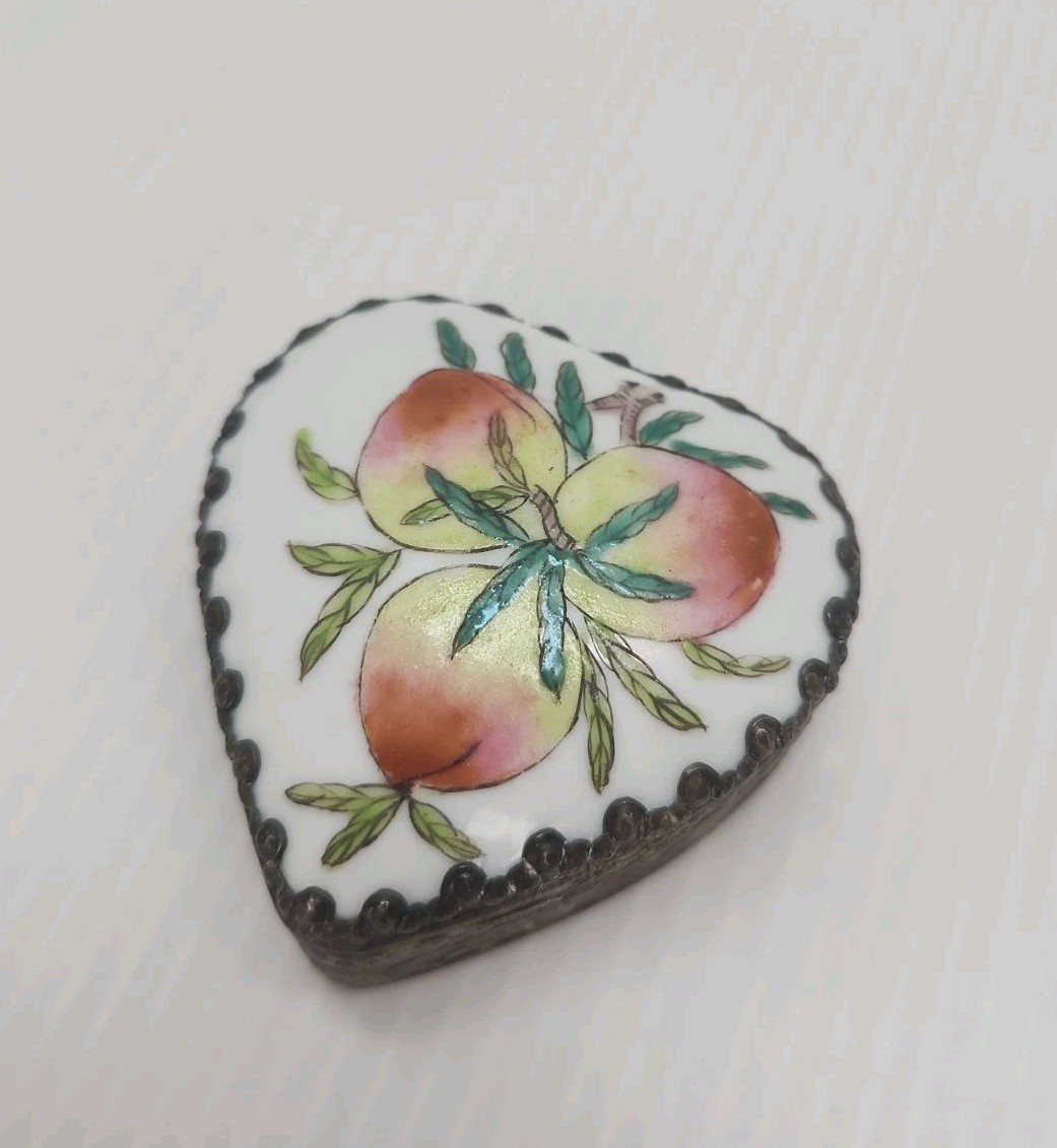 Vintage Handpainted Porcelain And Silver Tone Heart Shaped Trinket Box