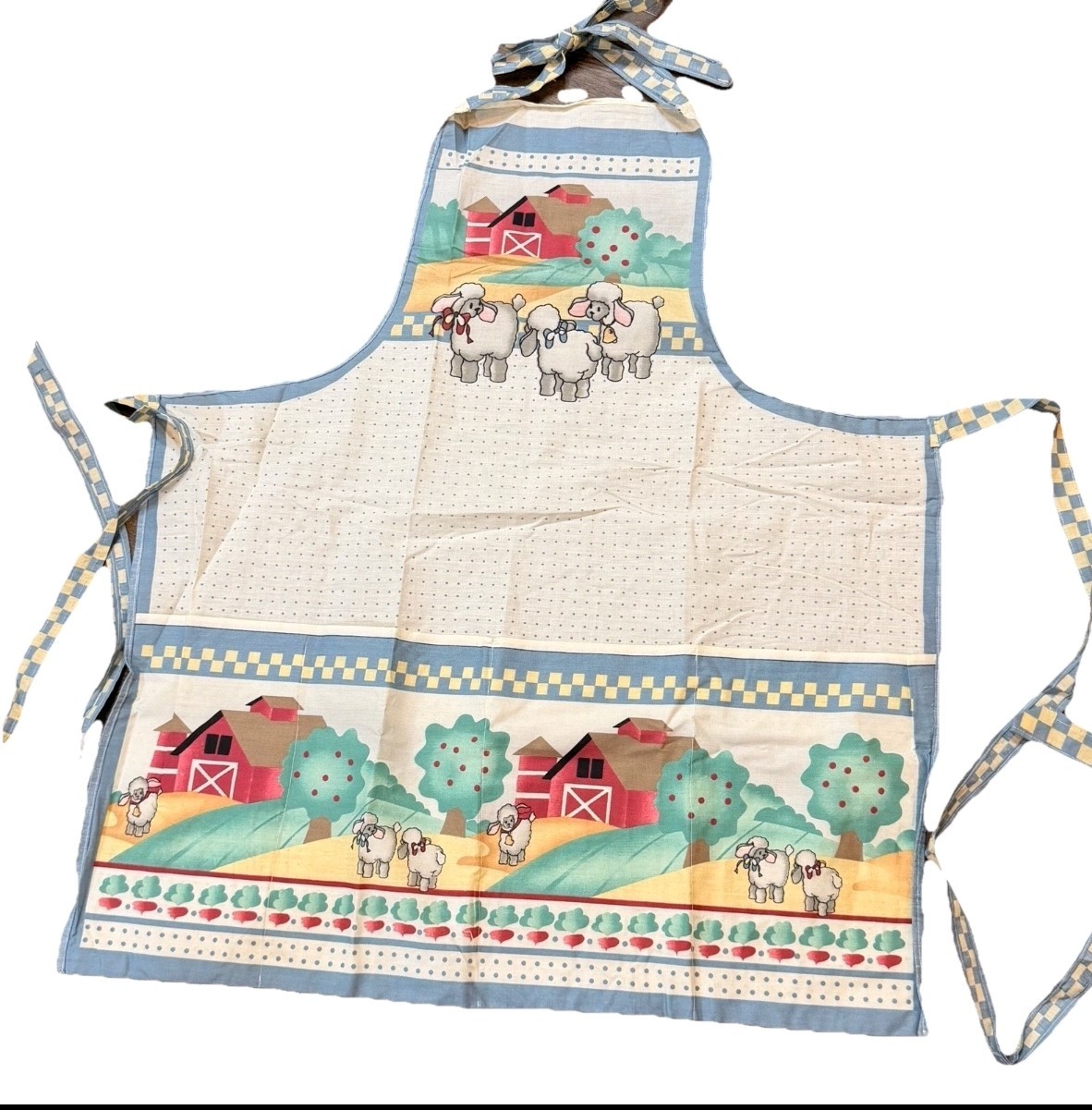 Vintage 80s Granny Country Farm Print Sheep White Dot Full Apron Trad Wife