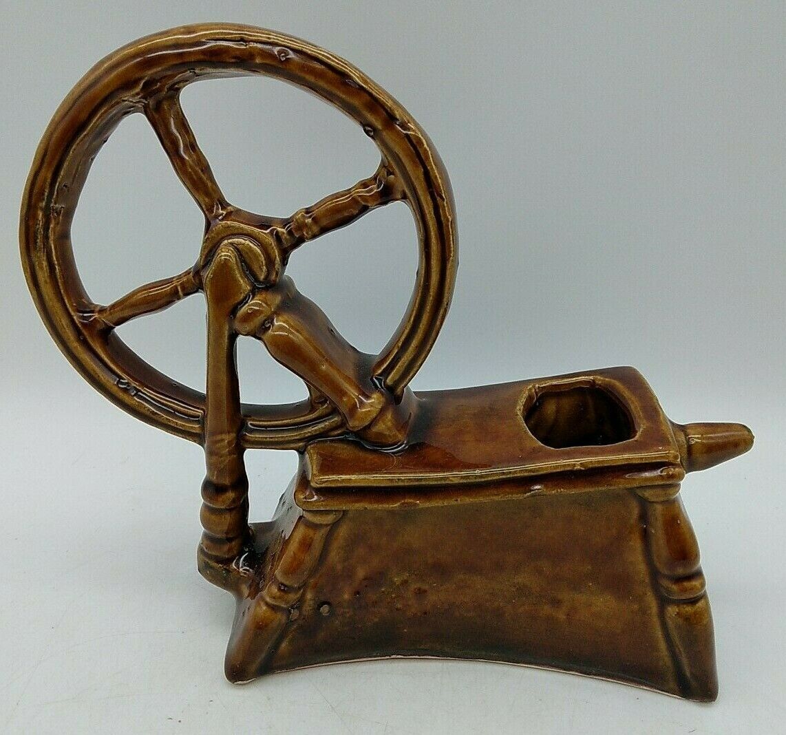 Vintage Spinning Wheel Planter Ceramic Glossy Brown Farmhouse Country Primitive