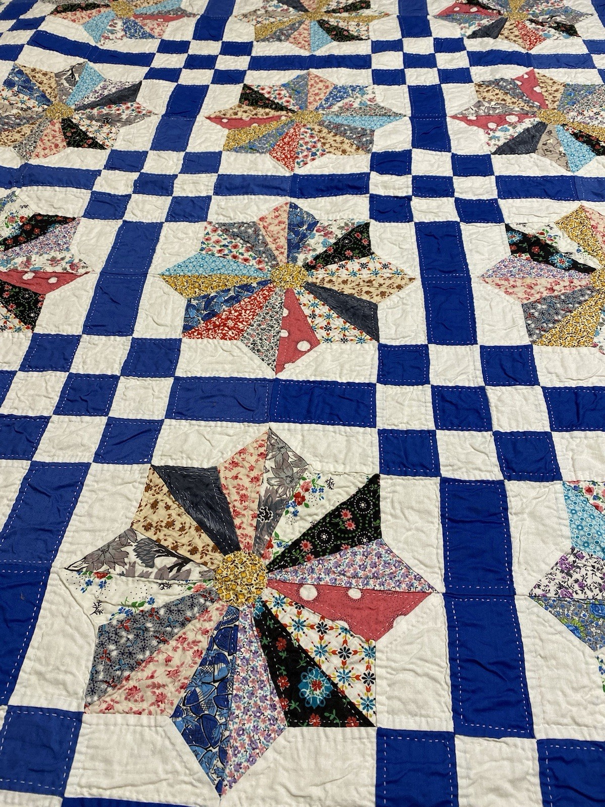Beautiful Blues Vintage Quilt Hand Stitched 83” X 88”